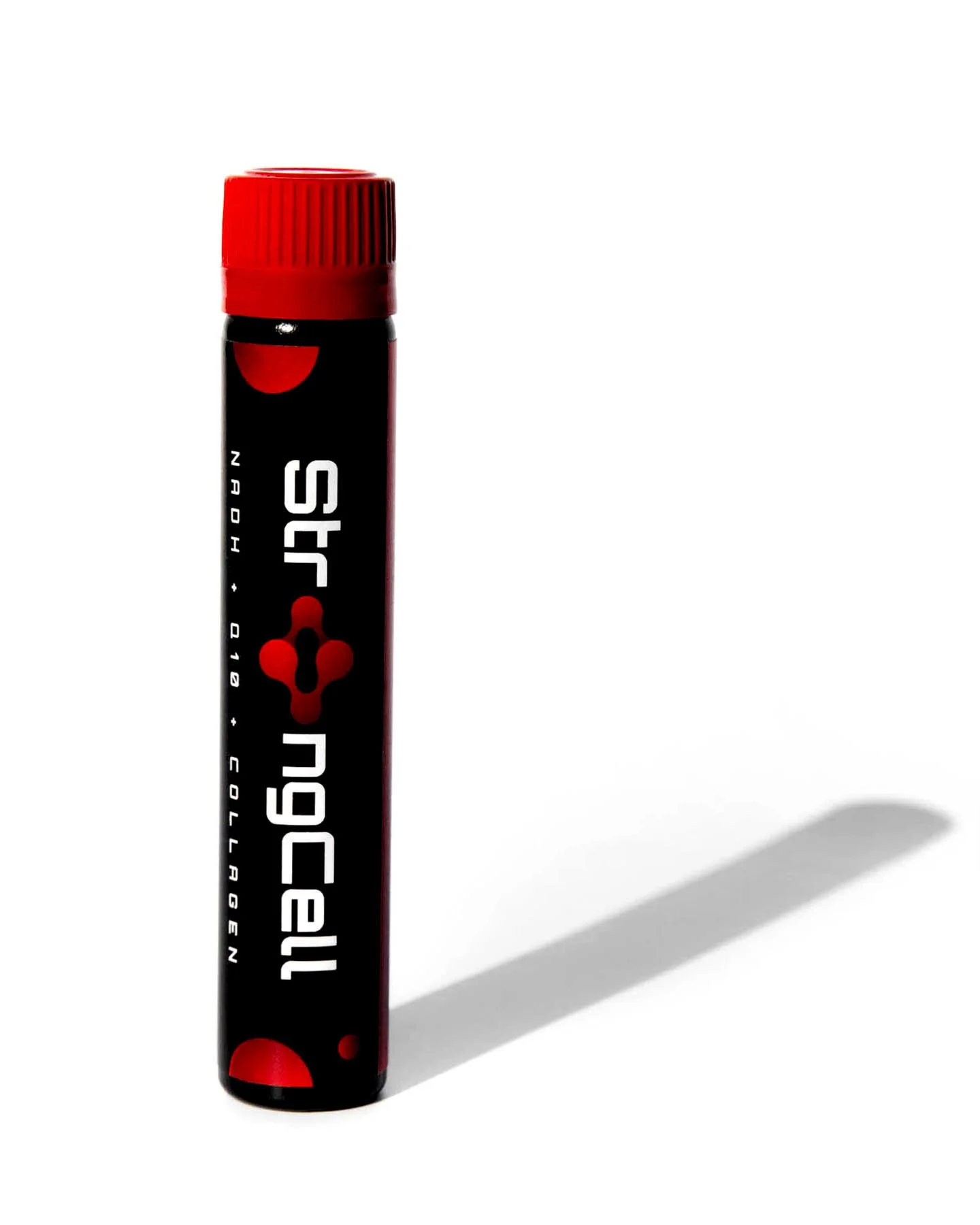 A black and red cylindrical container with the brand name 'stercell' printed vertically, a red cap, and a shadow cast to the right on a white background.