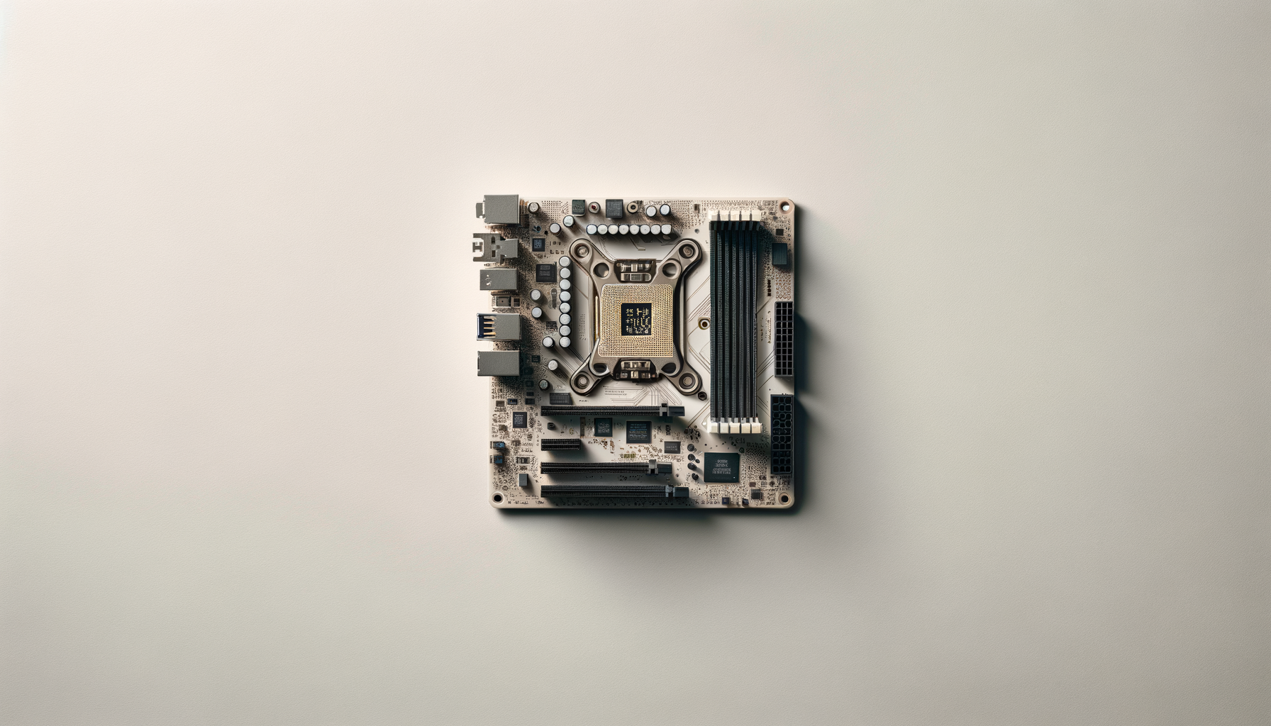 Computer motherboard placed on a plain, light-colored surface.