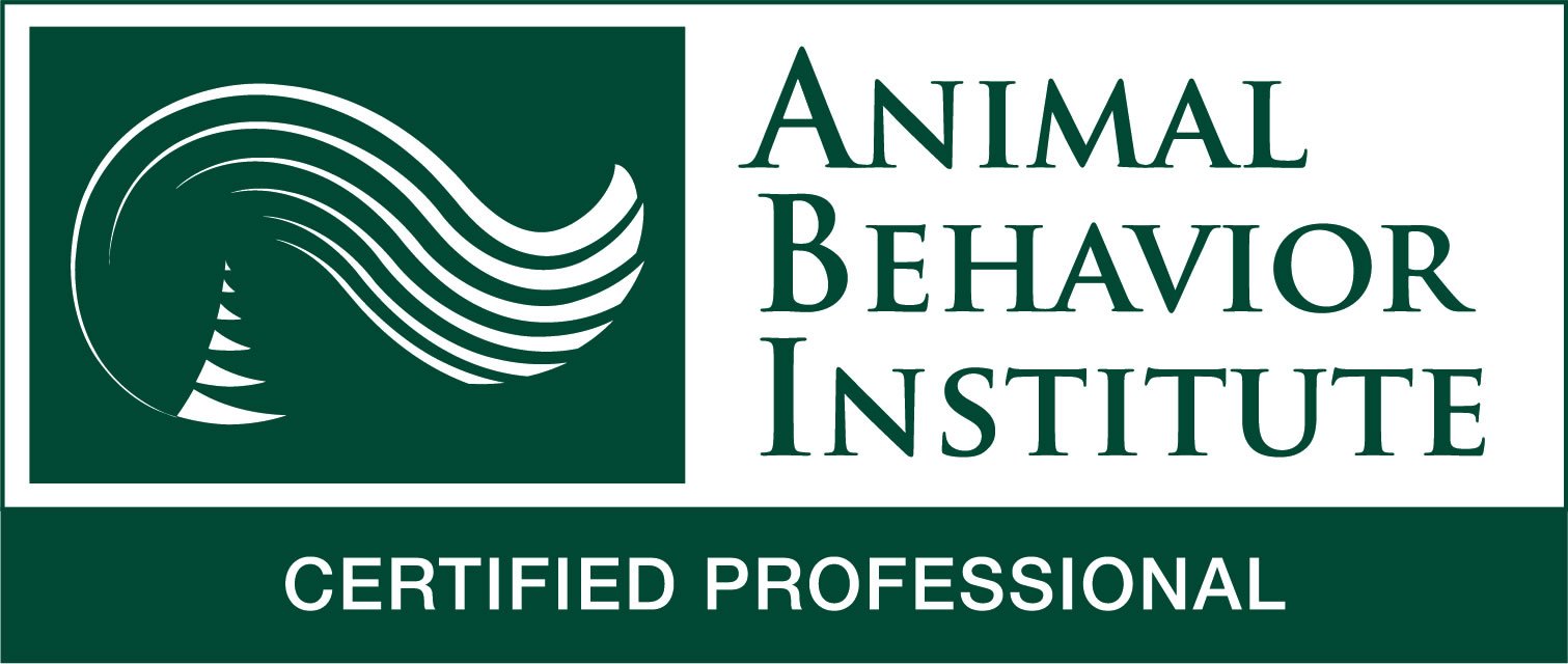 Logo for the Animal Behavior Institute, featuring a stylized animal in dark green and white, with the text "Animal Behavior Institute" and "Certified Professional".