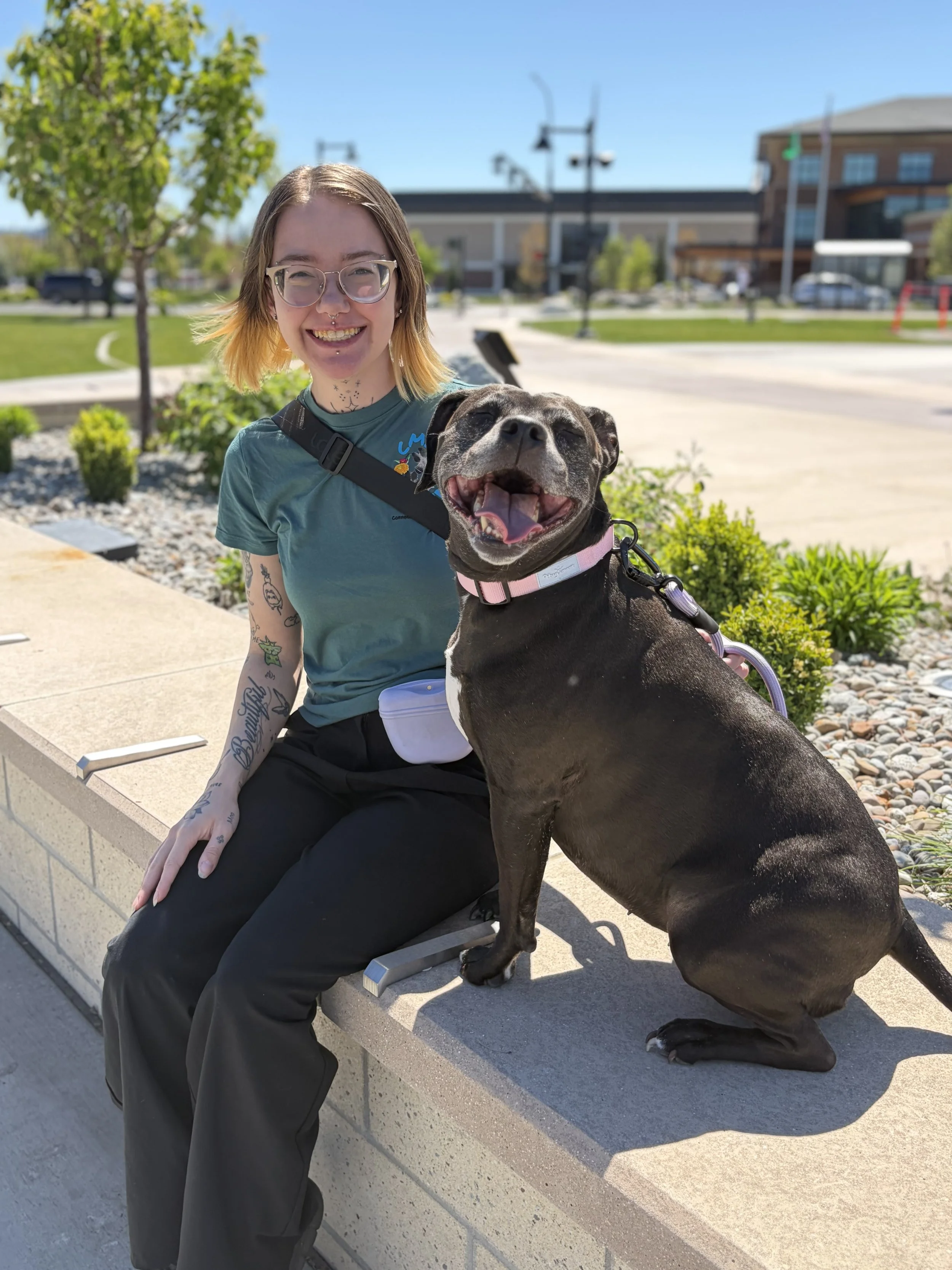A young person with glasses and tattoos, smiling, sitting on a bench outdoors, with a happy dog standing next to them, in a sunny urban park setting.