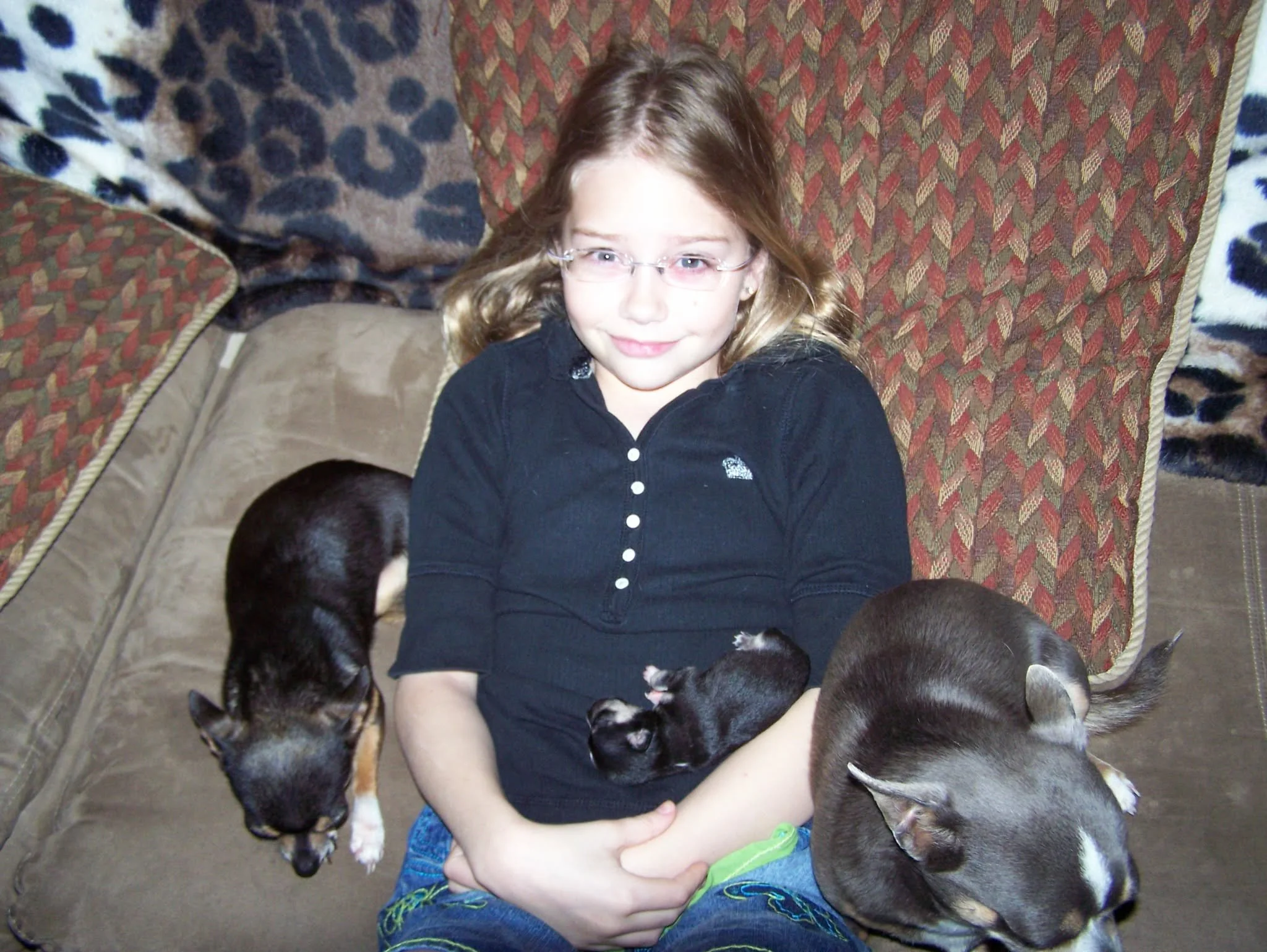 Young girl with glasses sitting on a couch surrounded by black and white puppies, some puppies are resting on her lap.