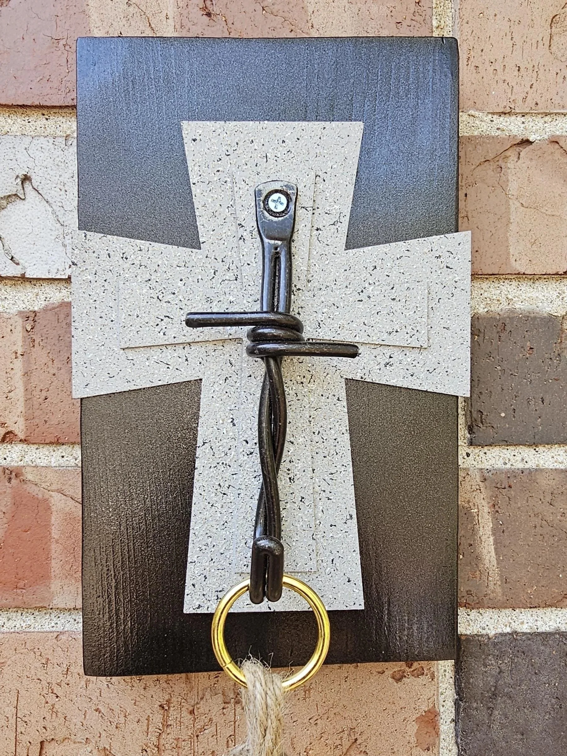 SOLD-Painted Stone Cross Plant Hanger: Brown Wood & Metal Hook unit