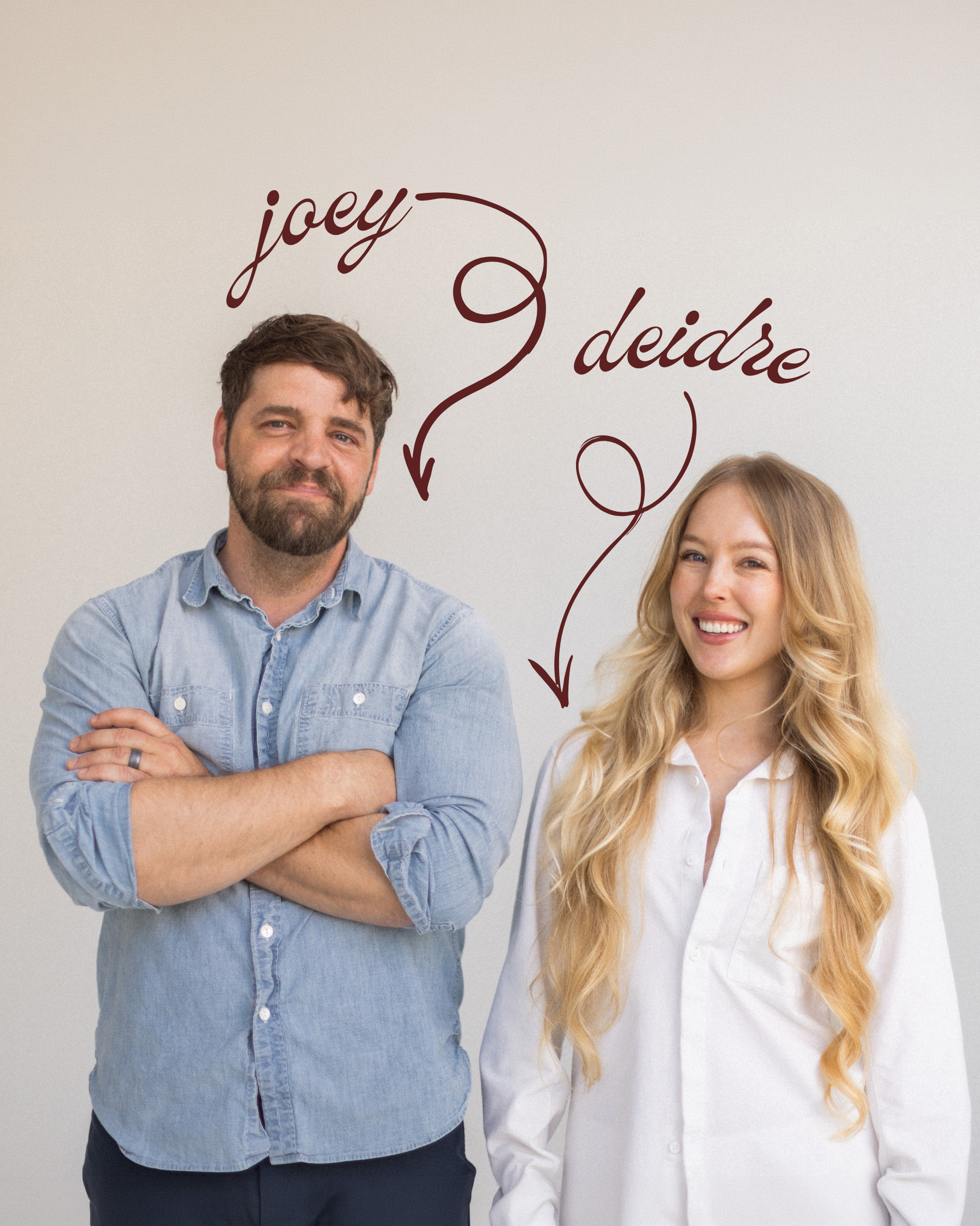 A man and a woman standing next to each other smiling, with handwritten names 'Joey' and 'Deidre' above them and arrows pointing to each respectively.