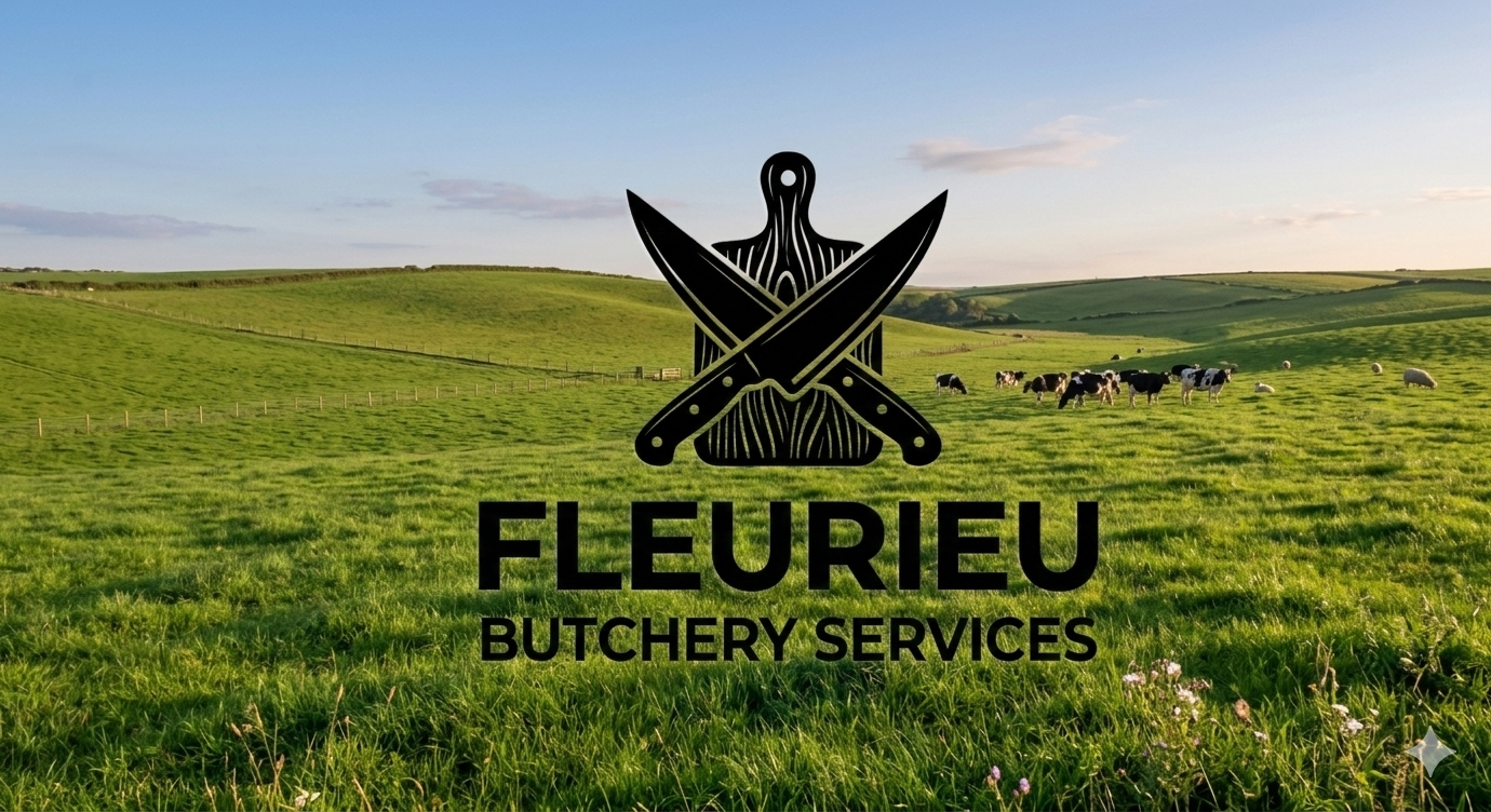 Logo of Fleurier Butchery Services with crossed knives and a chopping board over a green pasture landscape with grazing cows.