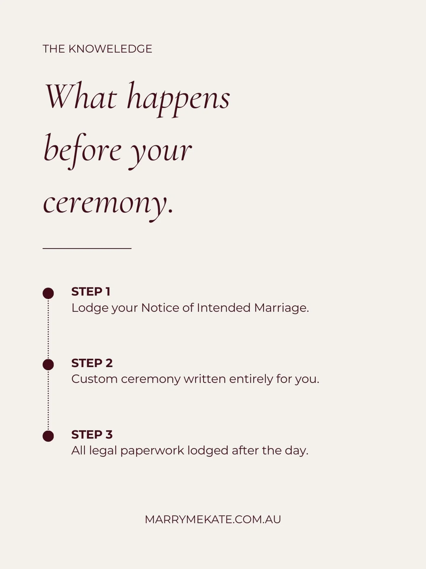 3 things I DO before you say I Do 🤍

My job as your celebrant is to:

1. Lodge your Notice of Intended Marriage (NOIM) - legally required at least one month before your wedding
2. Write your ceremony so that every word is tailored to you
3. Handle a