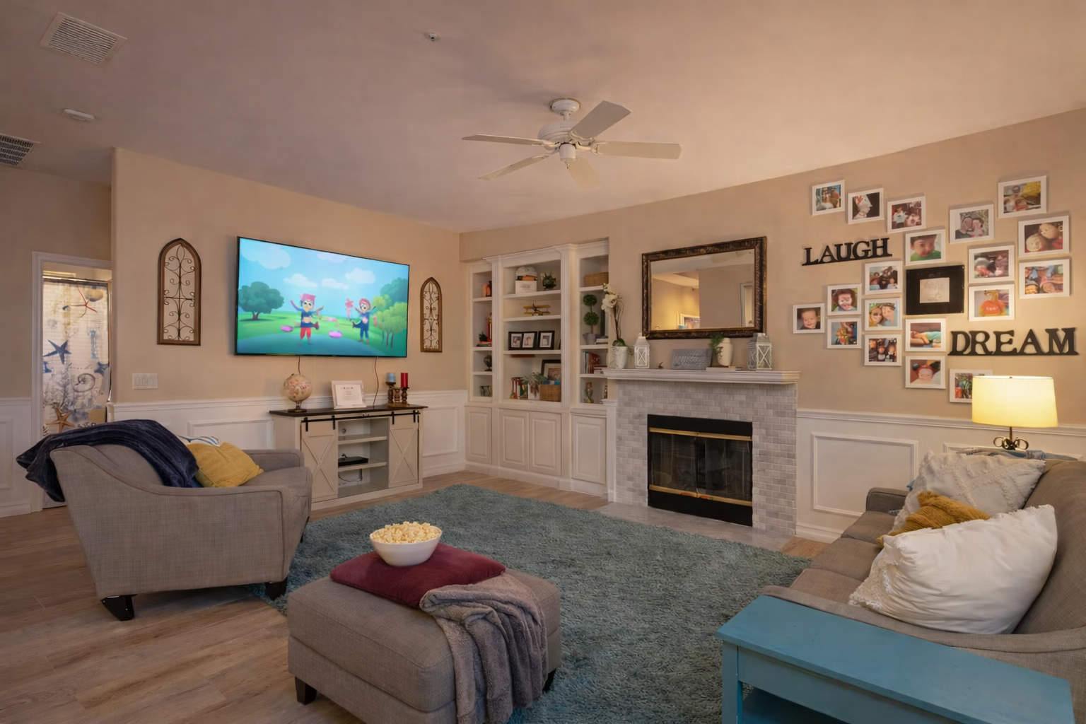 Large family room open to the kitchen.  70 in smart TV, lots of games and books and places to relax.  