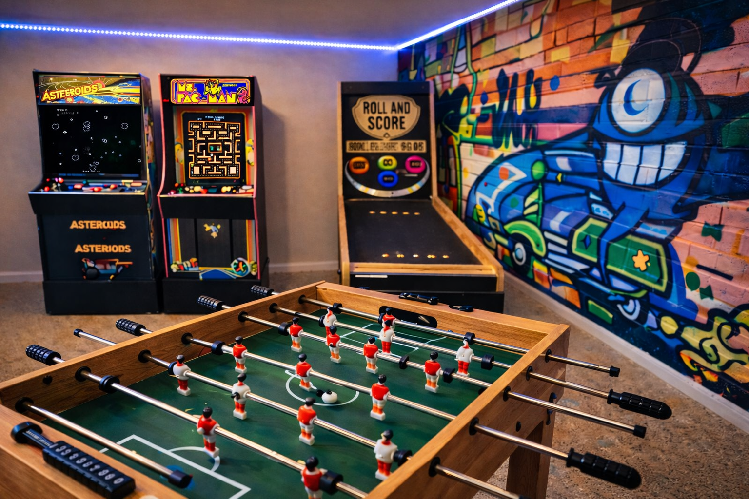 Arcade-style game room with skee-ball, foosball, classic video games, and giant Connect Four.