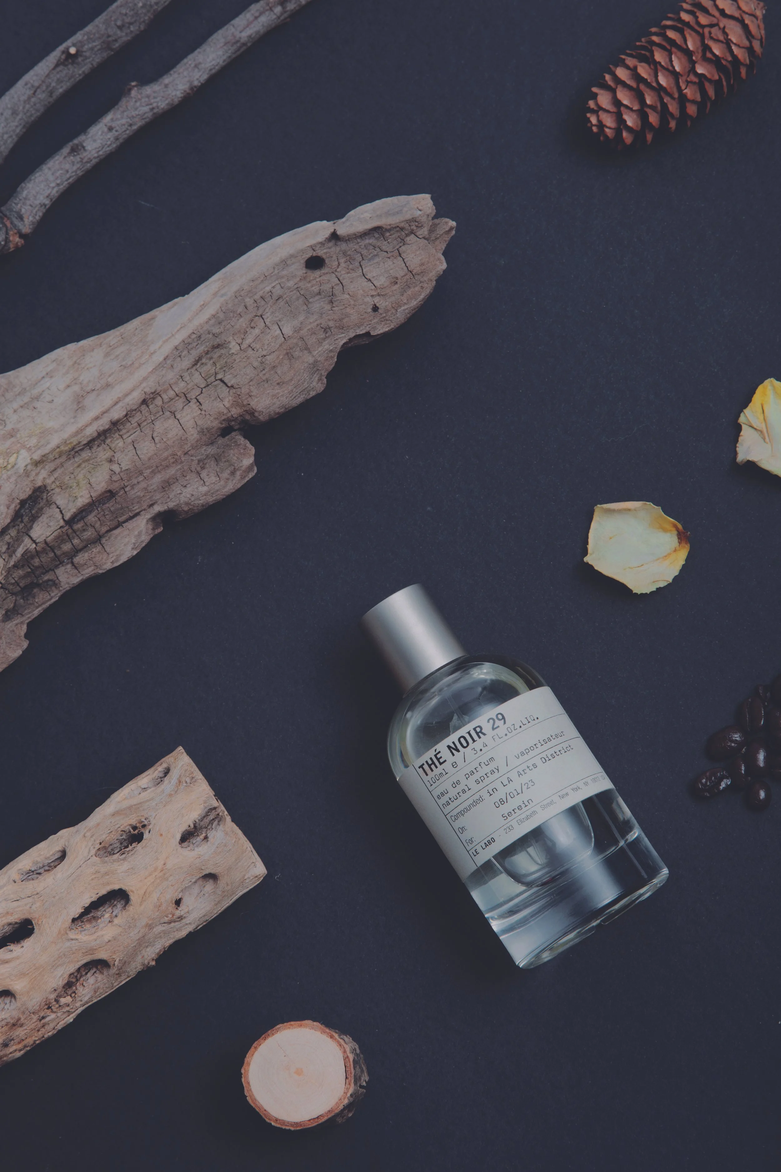 A flat lay of various natural objects and a perfume bottle on a black surface, including a piece of driftwood, pine cone, dried flower petals, and small branch segments.