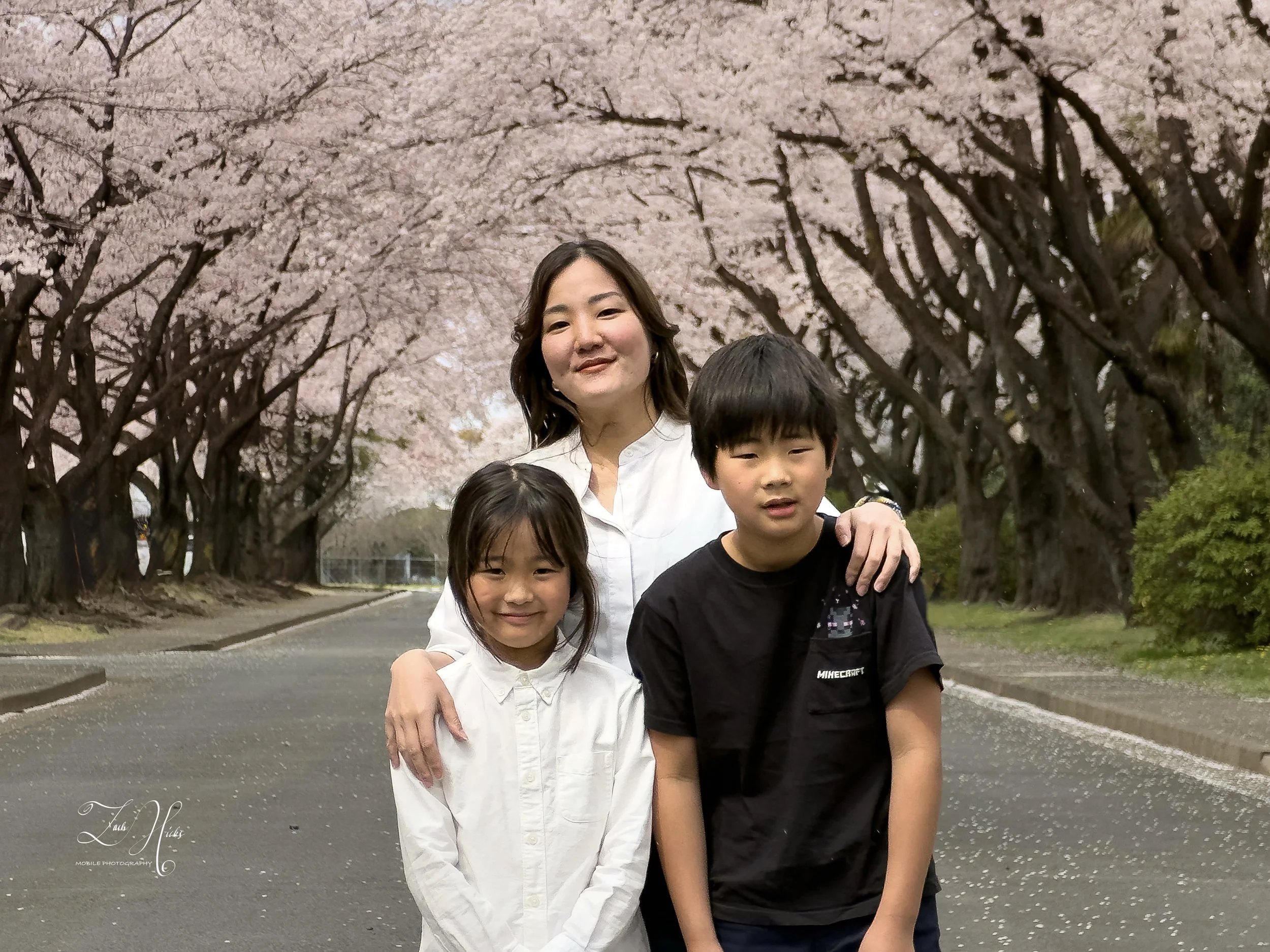 A woman and two children standing on a road lined with blooming cherry blossom trees, with pink petals on the ground.