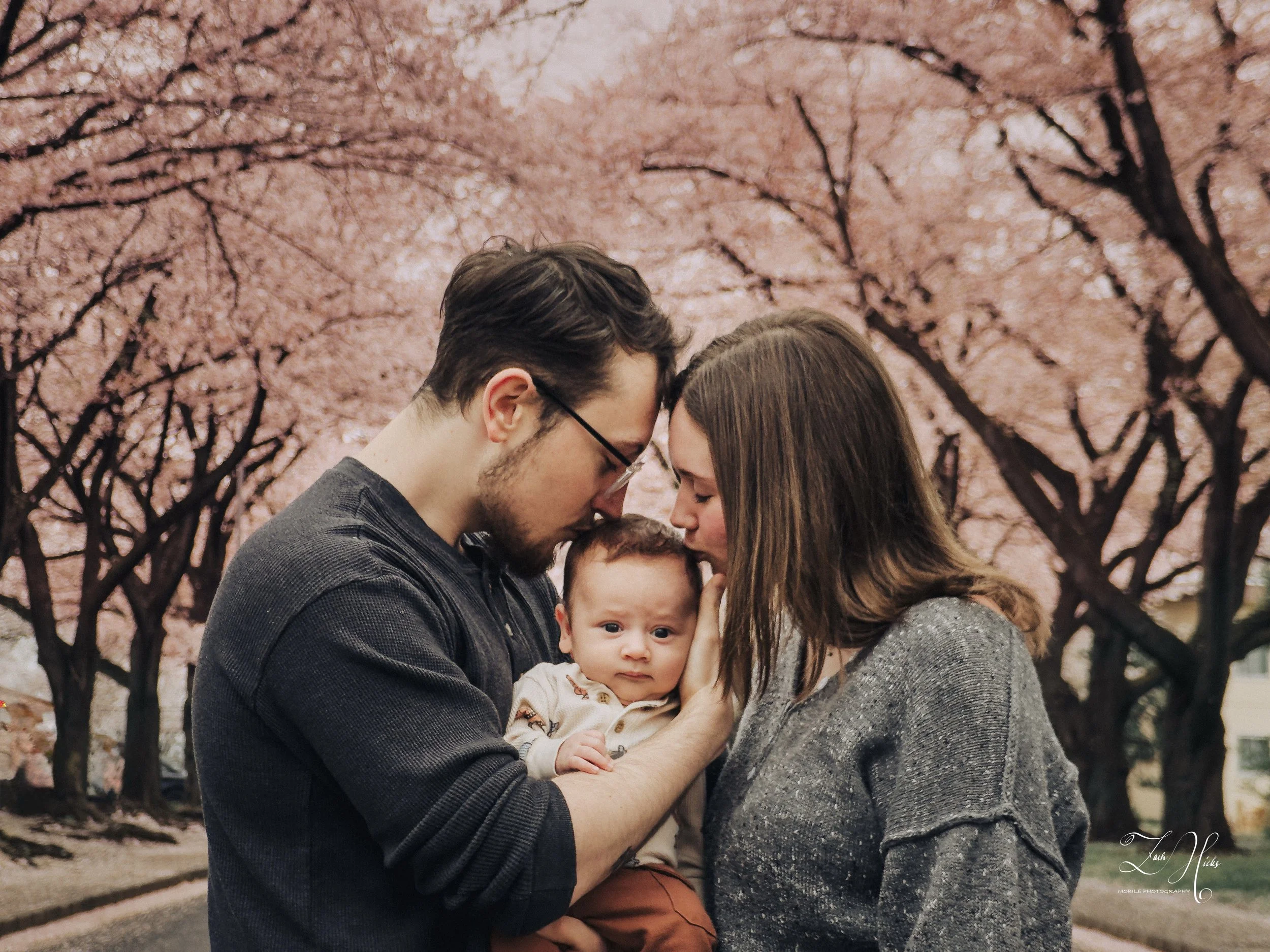 A family of three, a man, a woman, and a baby, standing closely together among cherry blossom trees, with the man and woman touching foreheads and the baby looking at the camera.