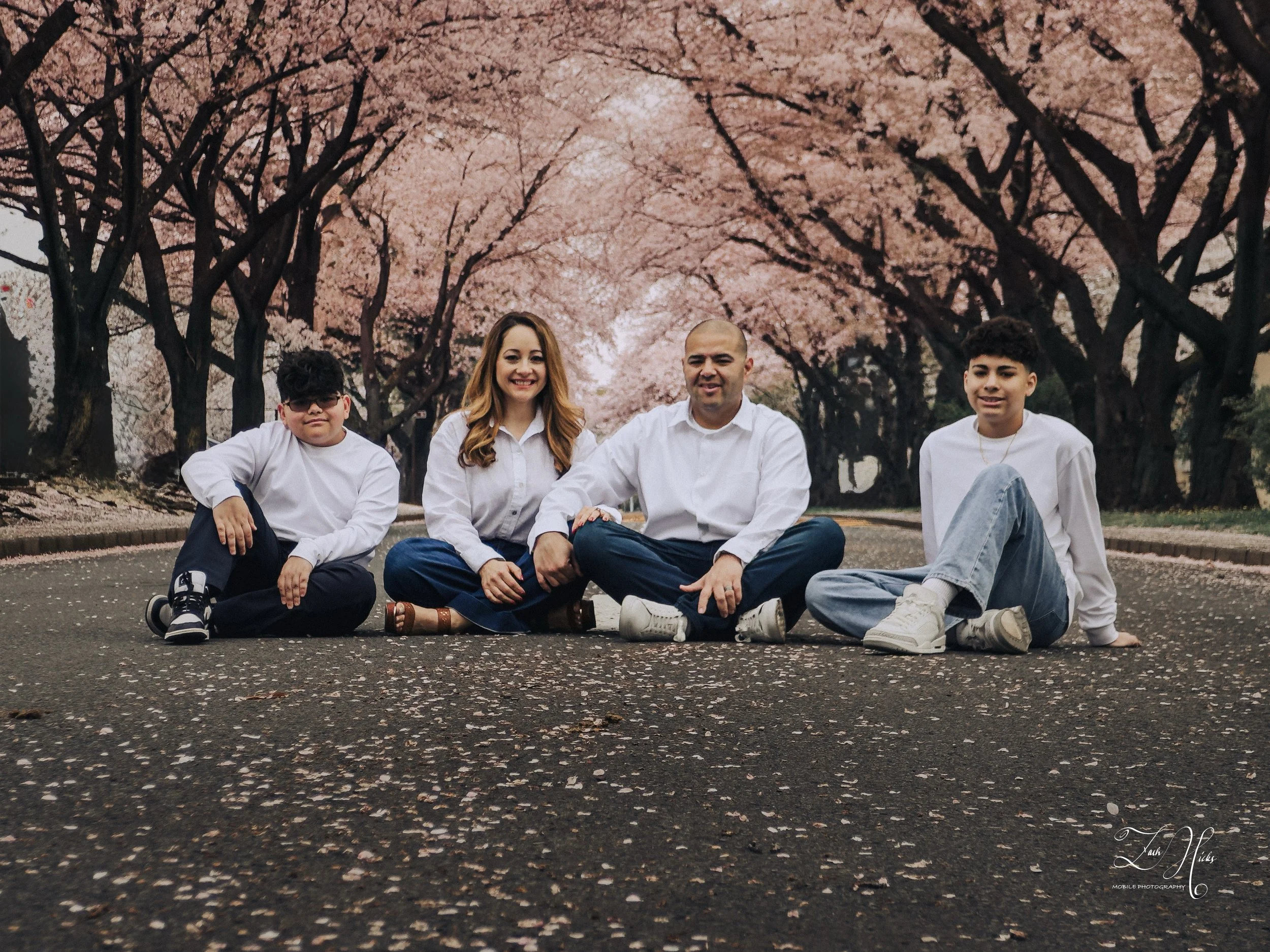 Family of five sitting on a street lined with blooming cherry blossom trees, smiling at the camera.