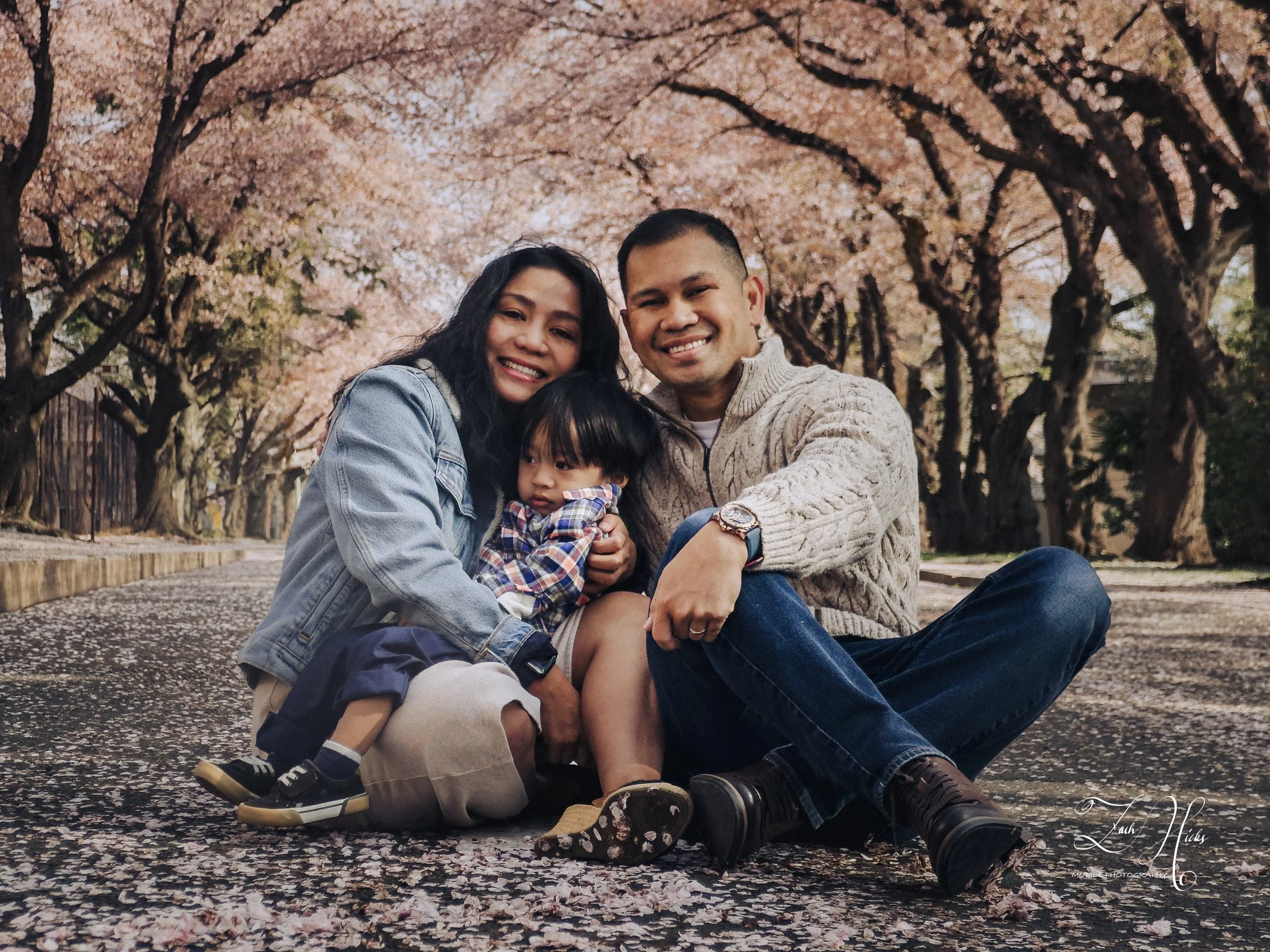 A family of three sitting on a road covered with cherry blossom petals, surrounded by blooming cherry blossom trees, smiling at the camera.