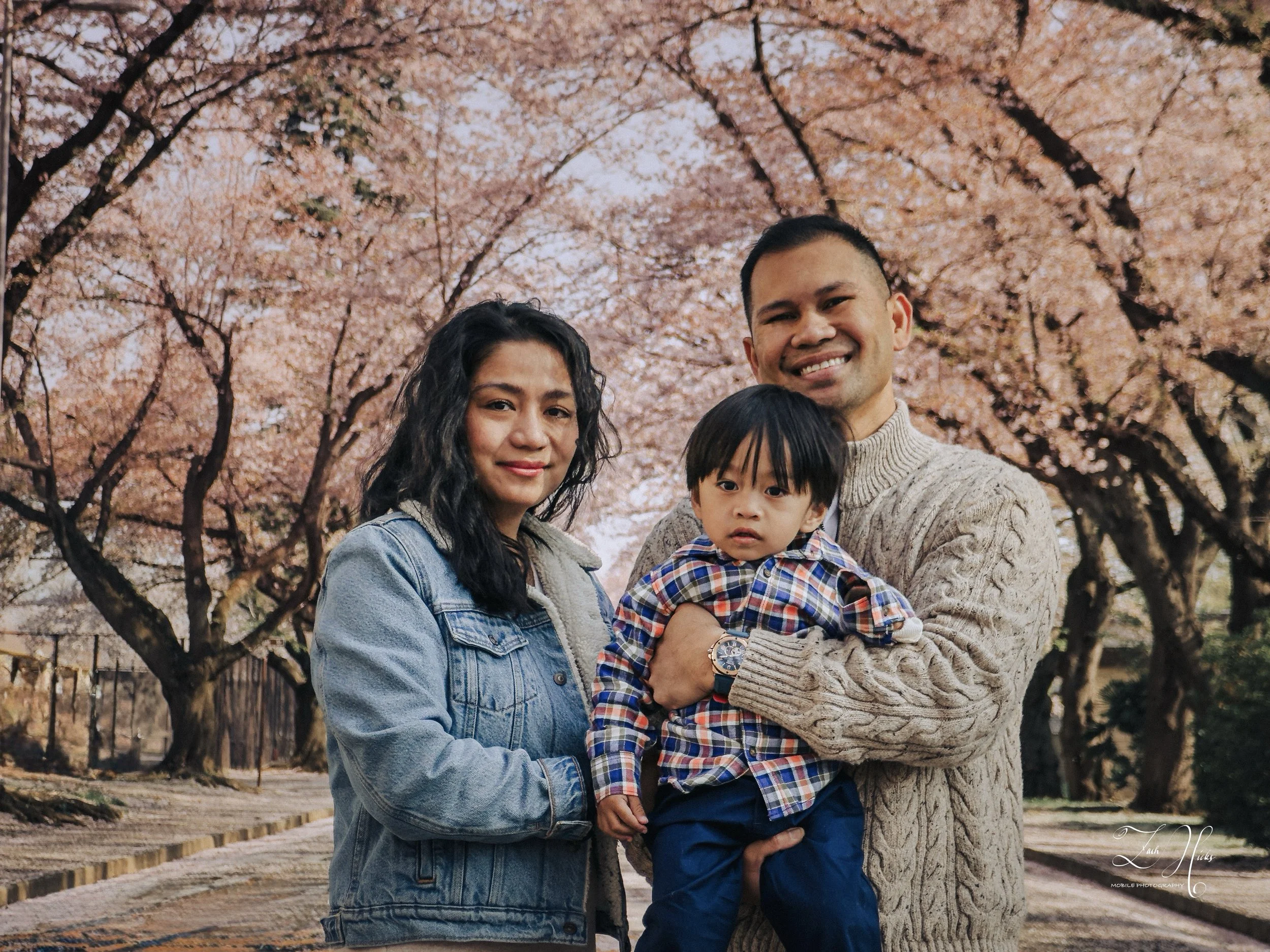 A family of three posing outdoors during cherry blossom season. The mother has long dark curly hair and is wearing a denim jacket. The father has short dark hair, wearing a beige cable-knit sweater, and is holding their young son, who is dressed in a