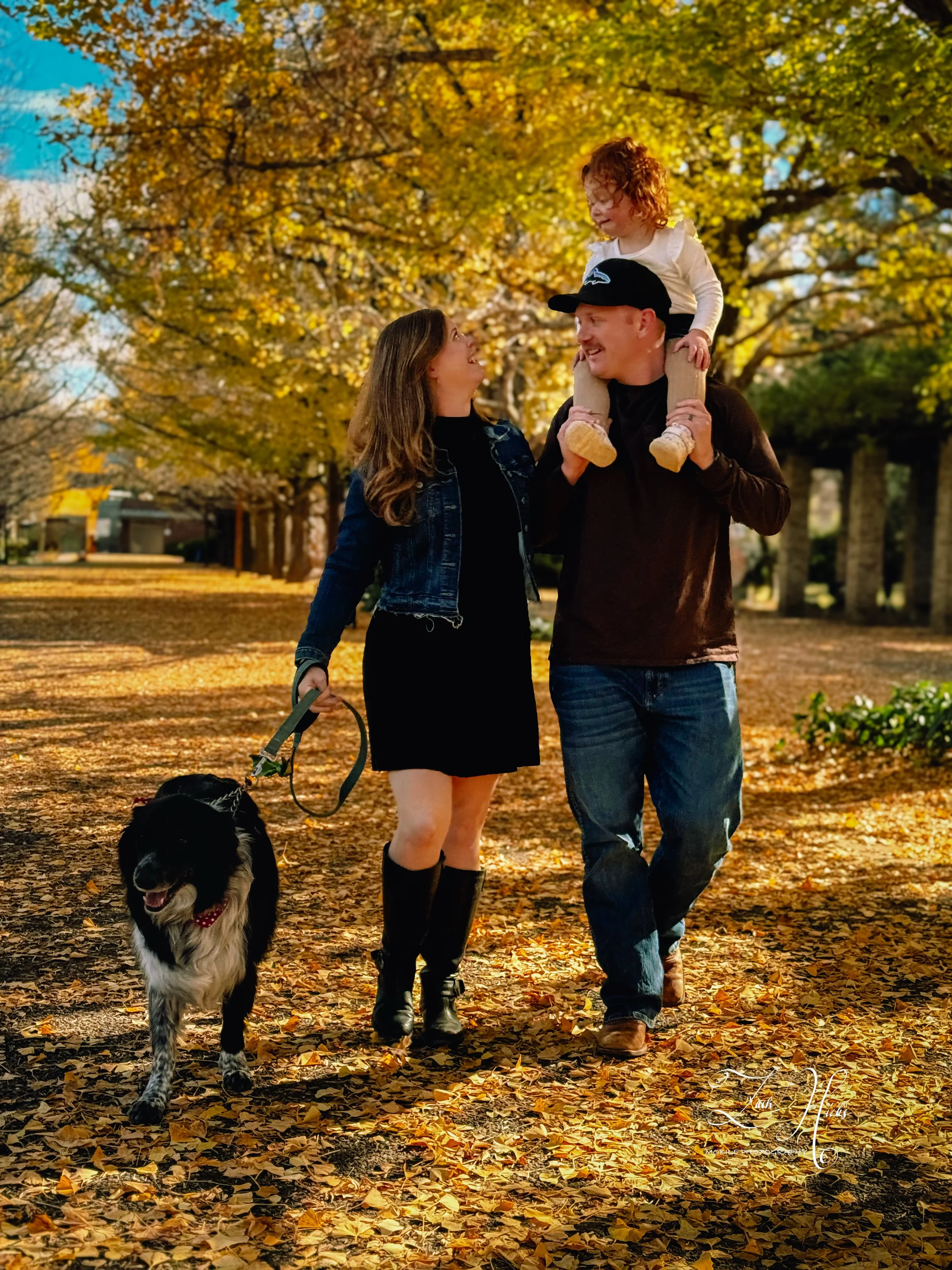 A family of three walking in a park with autumn foliage, featuring a woman, man, and child riding on the man’s shoulders, with the woman holding a leash attached to a black and white dog.