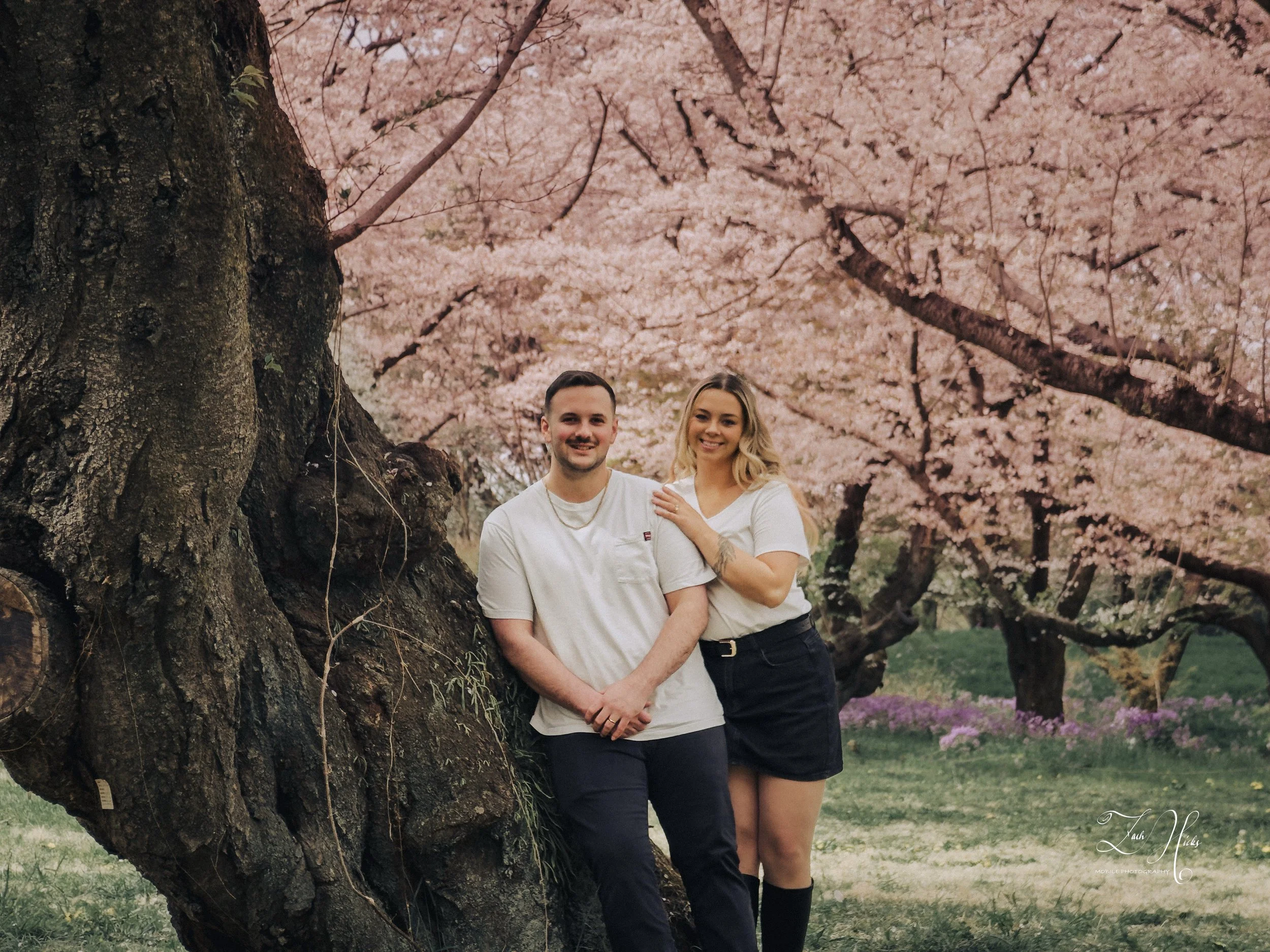 A couple standing next to a large tree with pink cherry blossoms in bloom during springtime. The man is wearing a white t-shirt, and the woman is dressed in a white top and a black skirt, both smiling at the camera.