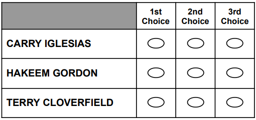 Poll with three candidates and their voting options for first, second, and third choices.