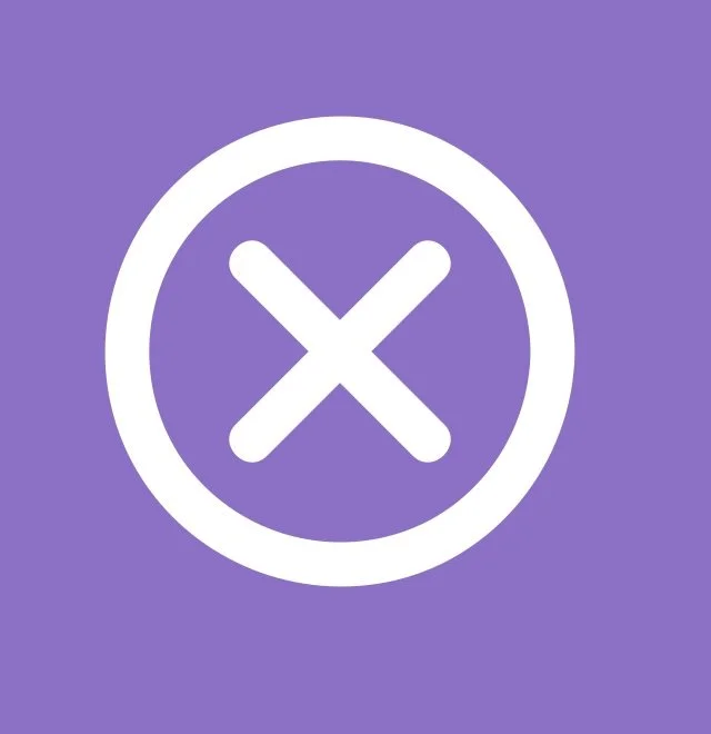 White circle with an 'X' inside on a purple background