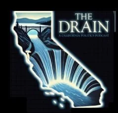 Book cover for 'The Drain' showing a silhouette of a woman's face with water flowing through a cityscape and a bridge in the background.