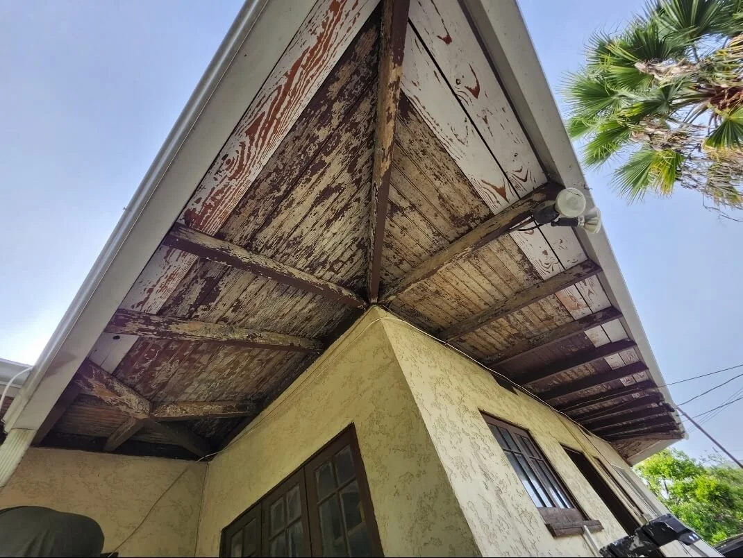 Repairing exterior wood. Water damage. rafters