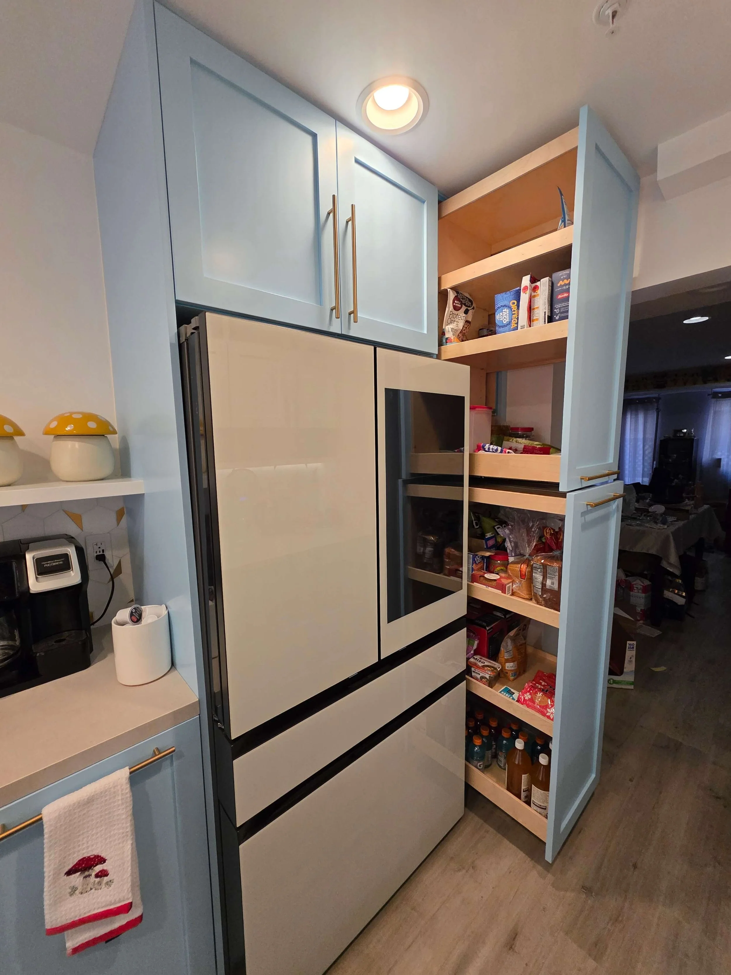 Updated modern custom kitchen with slide out pull out pantry doors