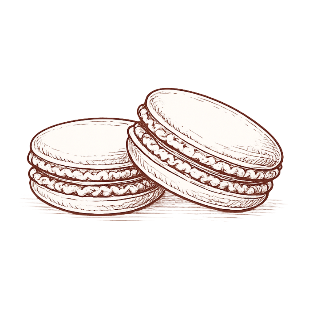 Line drawing of three macarons stacked together.