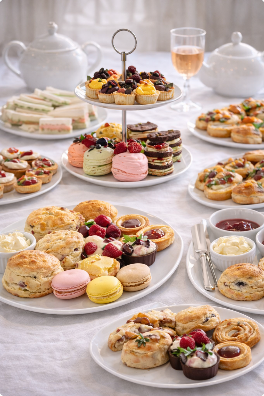 A table set with an assortment of desserts including cupcakes, macarons, cookies, scones, tarts, and sandwiches, with teapots, cups, and a glass of rosé wine in the background.