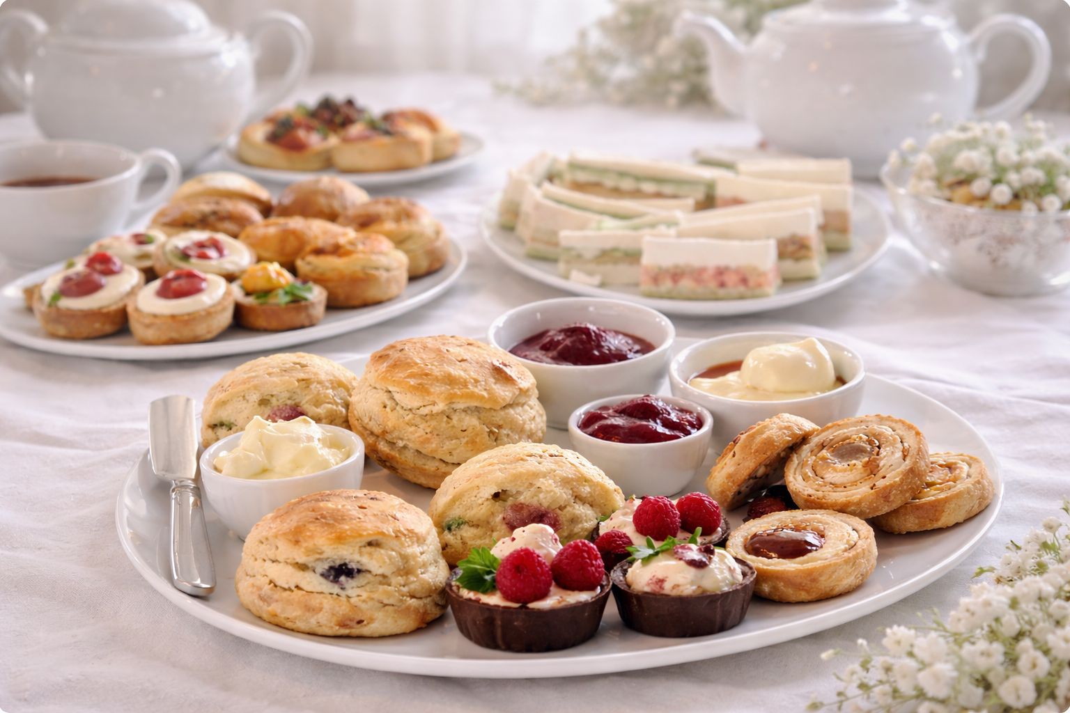 Assorted sweet and savory pastries, scones, finger sandwiches, and jams on a white tablecloth for a tea party.