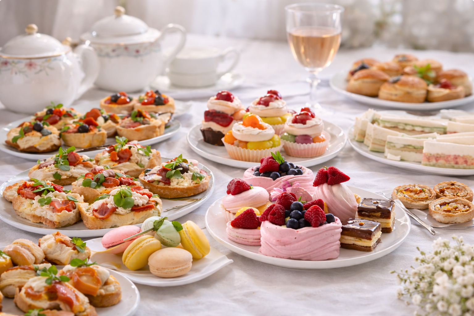 Assorted desserts including fruit-topped tarts, cupcakes with berries, macarons, layered cakes, and finger sandwiches on a white tablecloth with teapots and a glass of rosé in the background.
