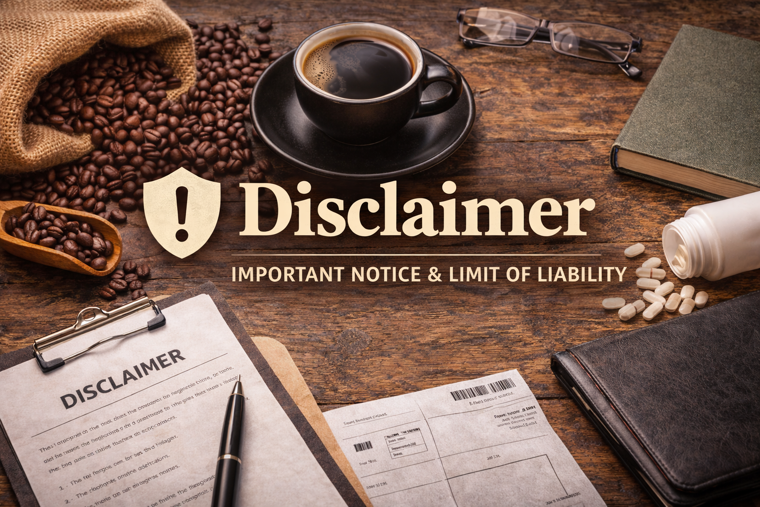 A wooden table with a black coffee cup on a saucer, a pair of glasses, an open notebook, a large bottle of pills with some spilled, a book, a clipboard with a disclaimer document and a pen, a sack of coffee beans with some in a wooden scoop, and a printed disclaimer message in the center.