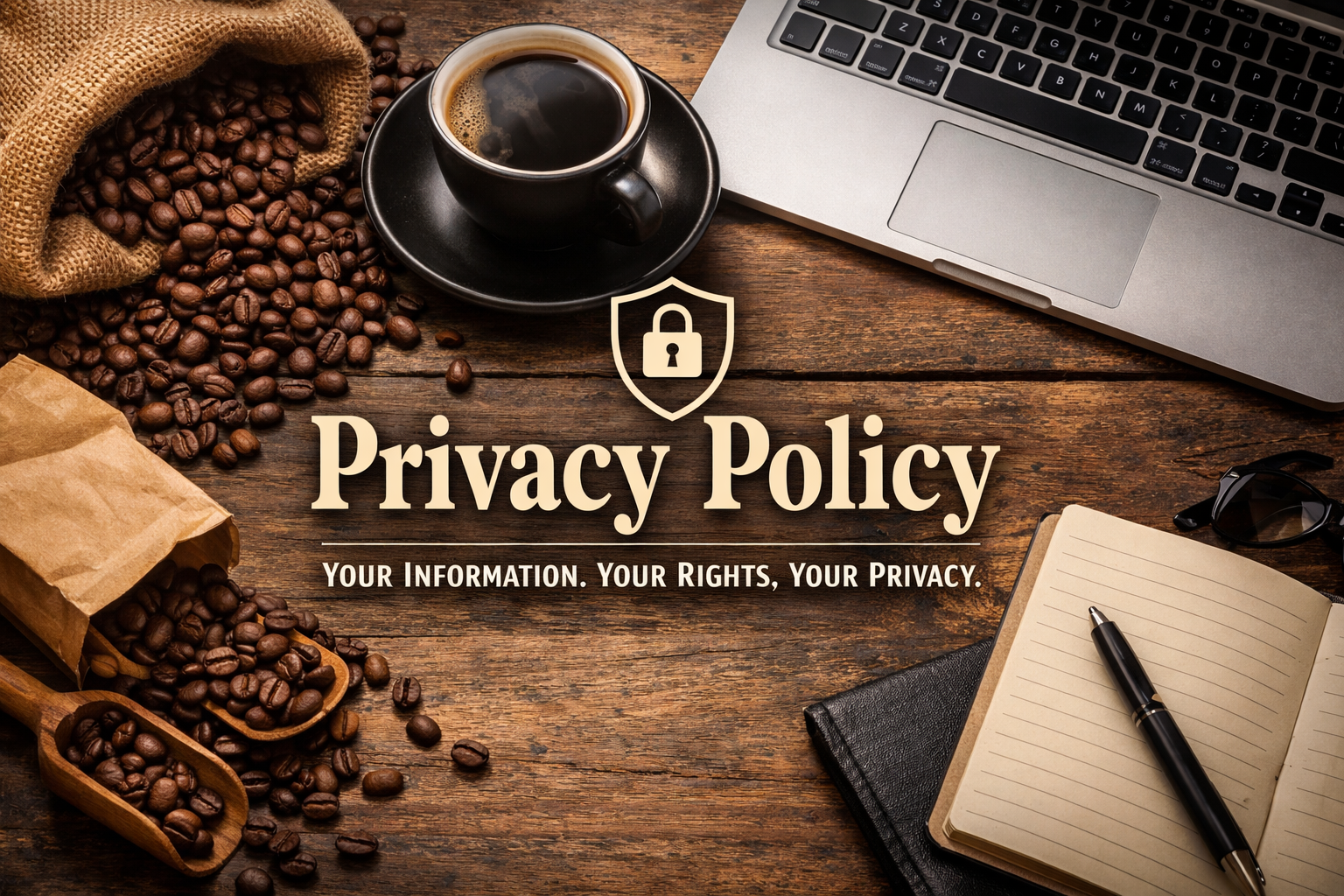 A wooden table with a laptop, a black coffee in a cup on a saucer, scattered coffee beans, a paper bag with coffee beans, a pair of sunglasses, an open notebook with a pen, and the text "Privacy Policy" and "Your Information. Your Rights, Your Privacy." overlaid.