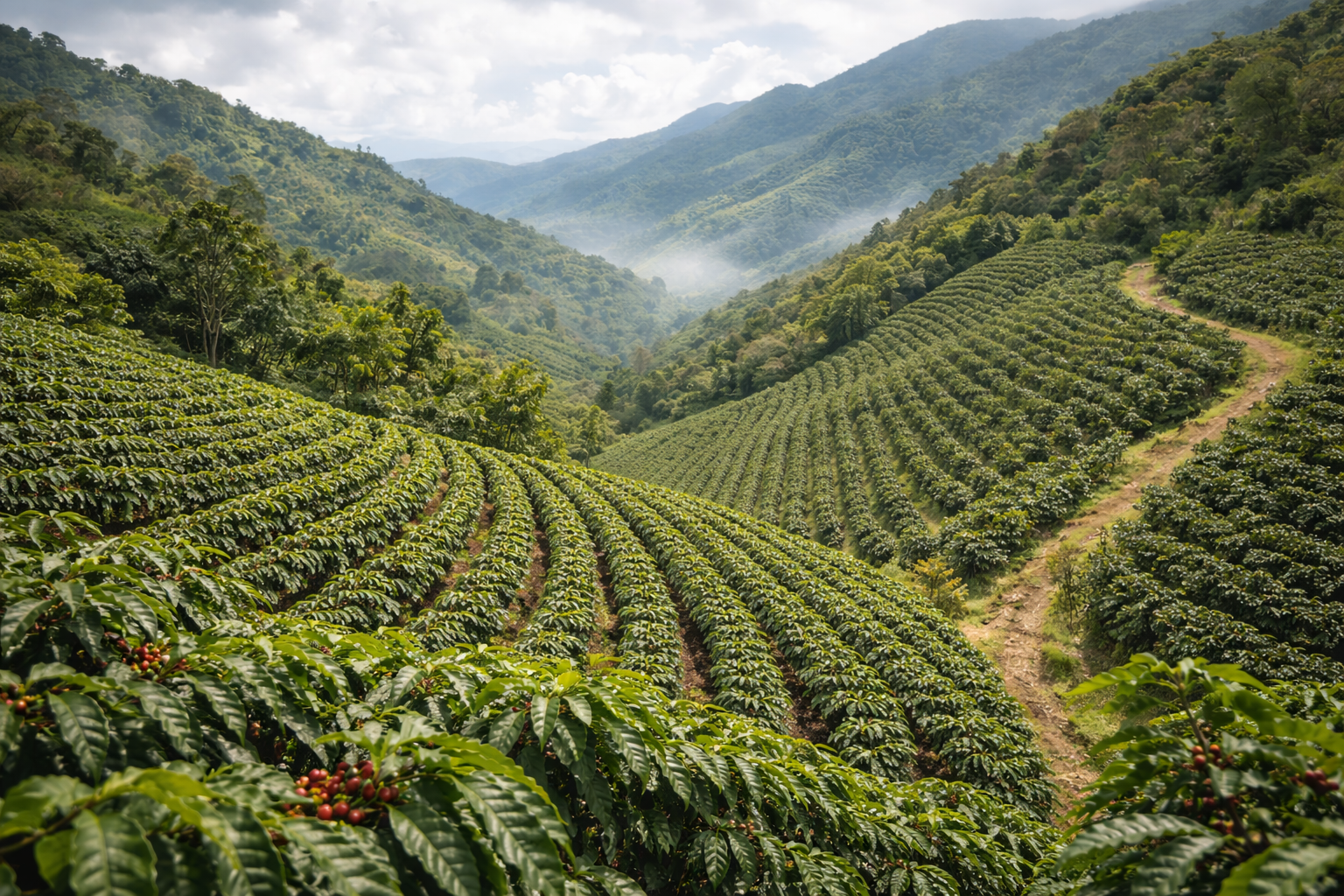 Lush green coffee plantation in a mountainous landscape with cloud-covered hills in the background.