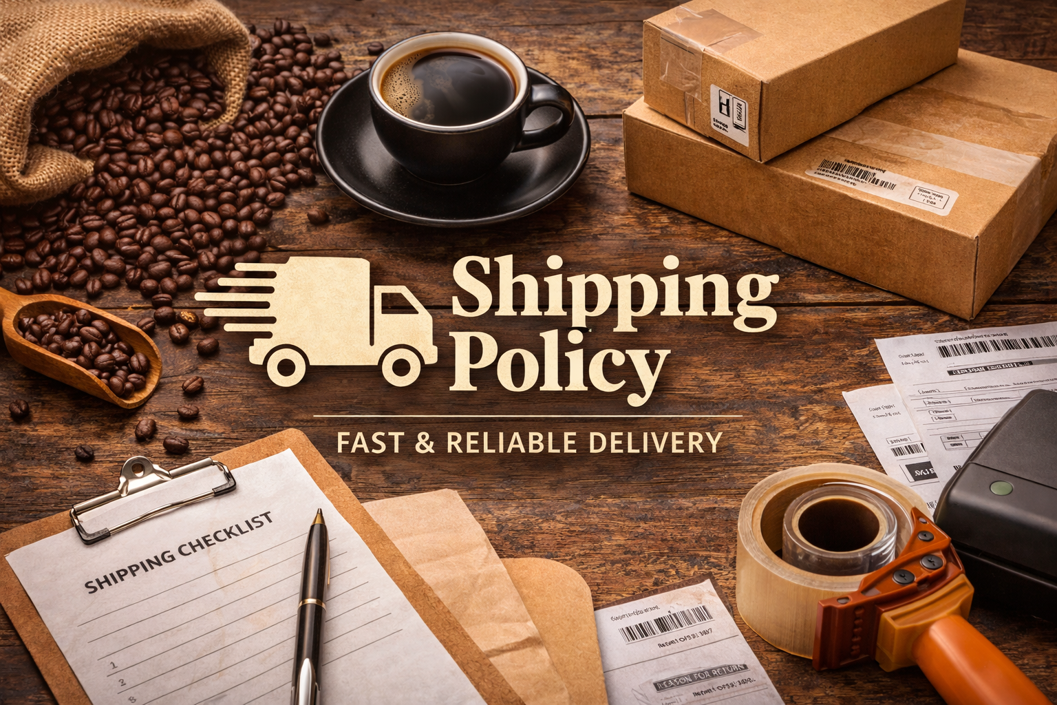A wooden table with coffee beans, a cup of coffee, packages, shipment labels, a clipboard with a shipping checklist, packing tape, and a barcode scanner. Overlay text reads 'Shipping Policy: Fast & Reliable Delivery'.