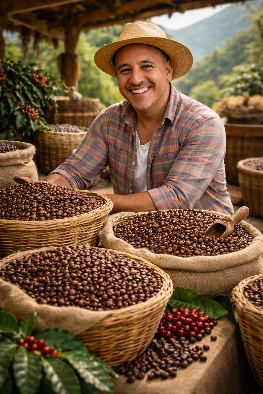 A man wearing a straw hat and plaid shirt smiling at a coffee beans display at a coffee market with baskets of coffee beans and lush green mountains in the background.