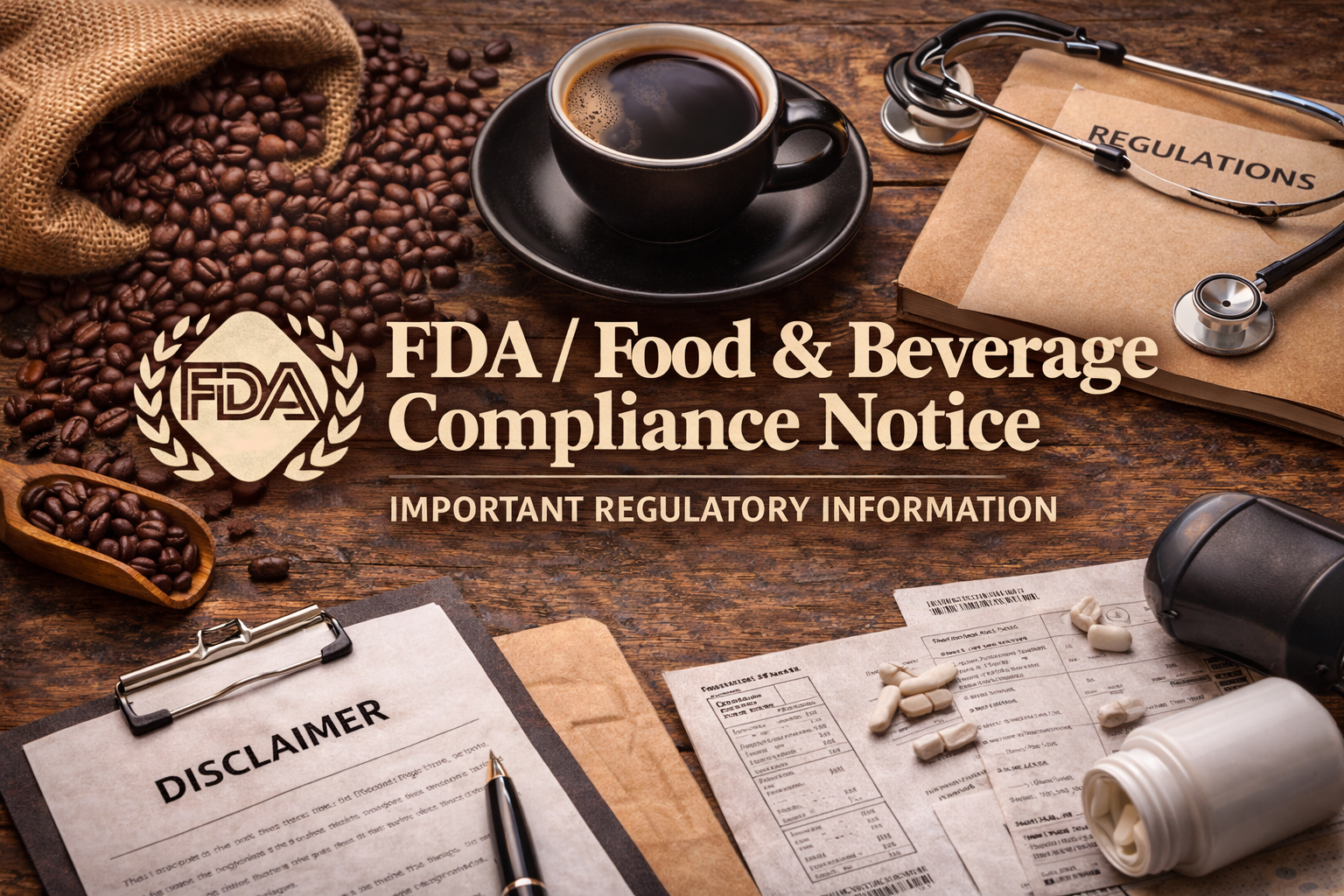 A wooden table with a cup of coffee, coffee beans spilling from a burlap sack, a stethoscope, a document titled 'Regulations,' a clipboard with a disclaimer, pills and prescription bottle, and an FDA Food & Beverage Compliance Notice.