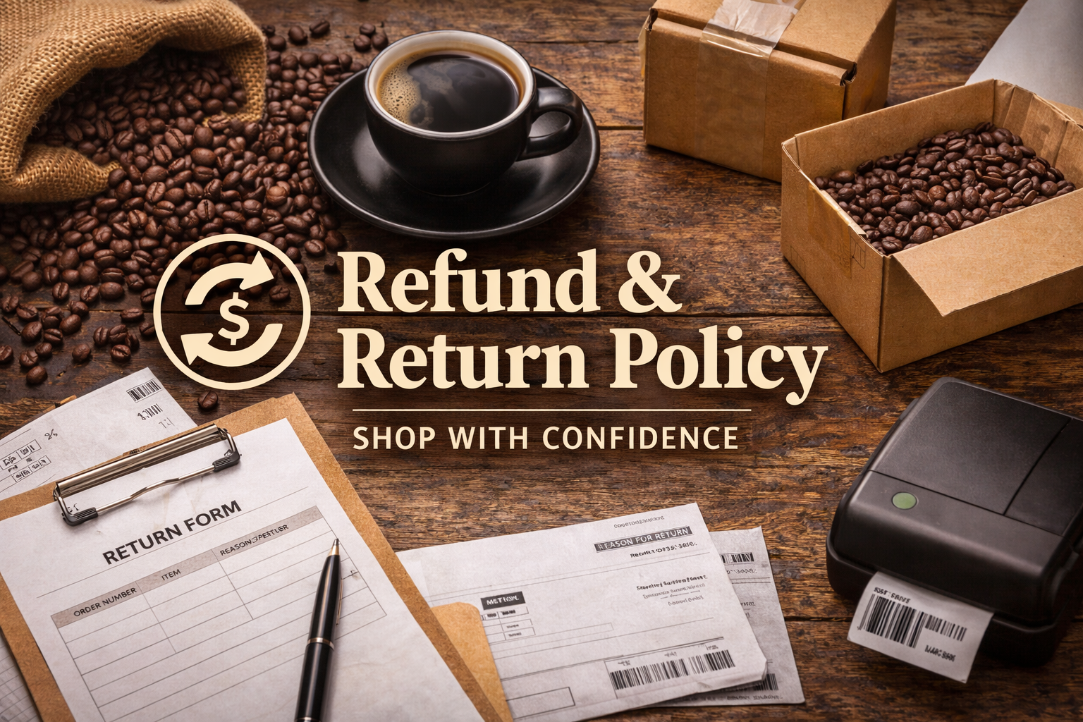 Coffee beans and a cup of coffee on a wooden table, with a cardboard box of coffee beans, a return form, receipts, a barcode scanner, and a quote about refund and return policy.
