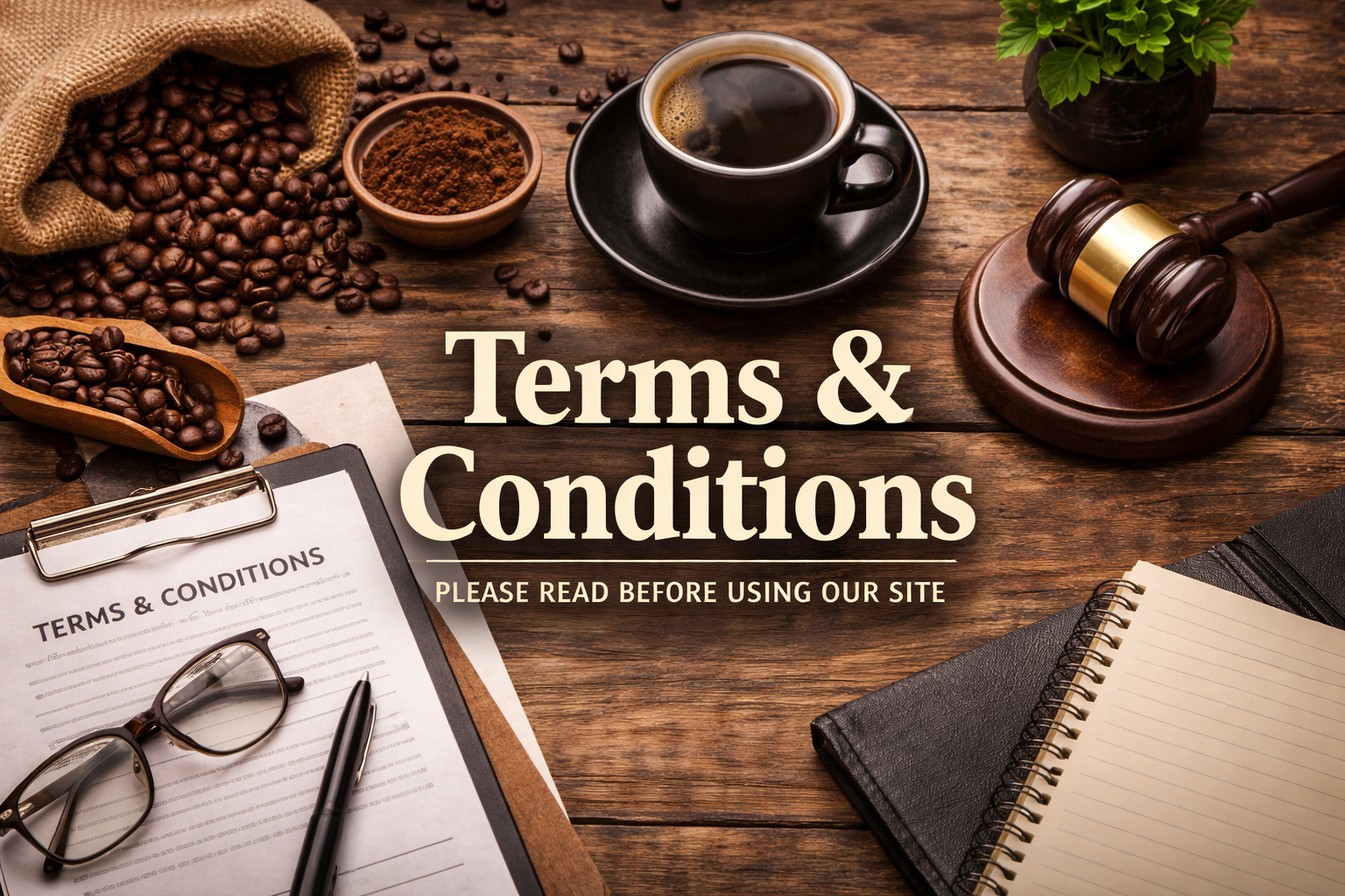 A wooden table with a cup of coffee, coffee beans, a gavel, legal documents, glasses, a pen, a notebook, and a plant, with overlay text reading 'Terms & Conditions. Please read before using our site.'