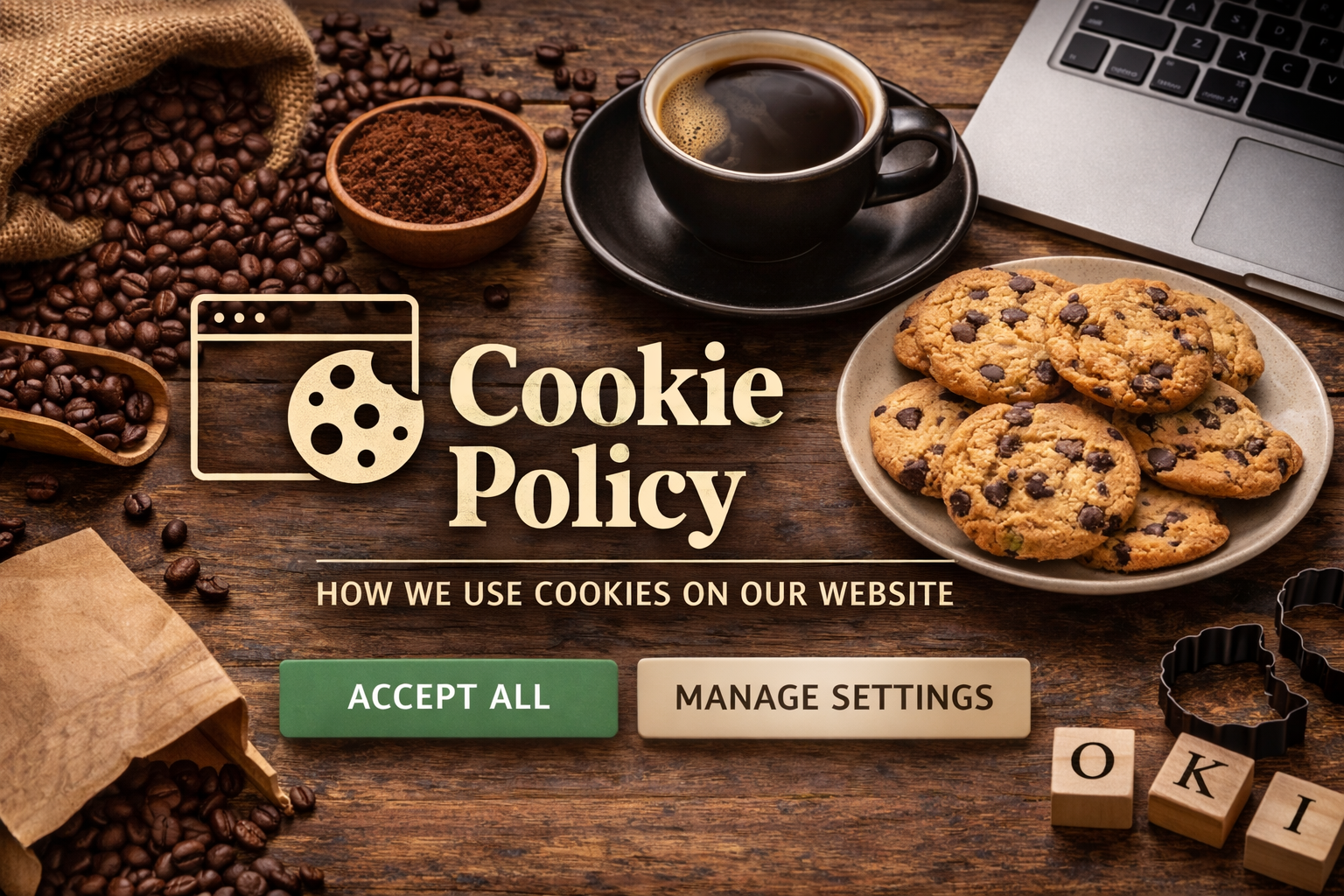 A wooden table with a plate of chocolate chip cookies, a cup of black coffee, coffee beans, ground coffee, a laptop, and cookie cutters, with an overlay of a cookie icon and text about cookie policy.