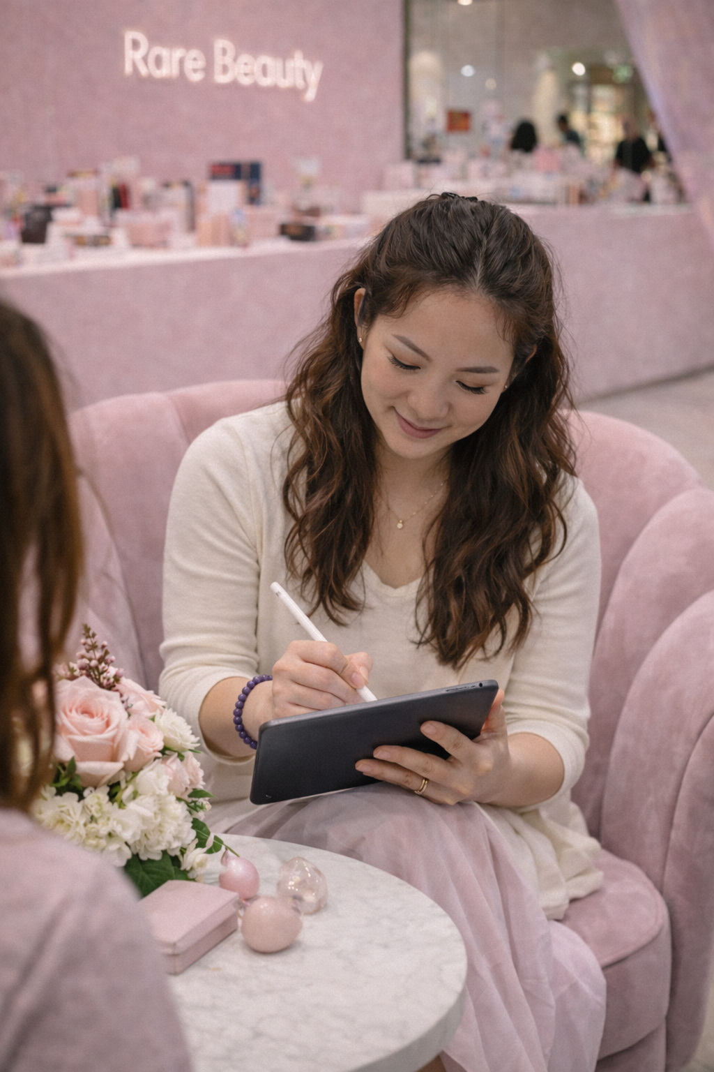 A woman with long brown hair, wearing a white sweater, sitting on a pink velvet sofa, holding a stylus and working on a tablet. She is in a store with a pink theme, with a bouquet of flowers and decorative items on a white marble table in front of her.