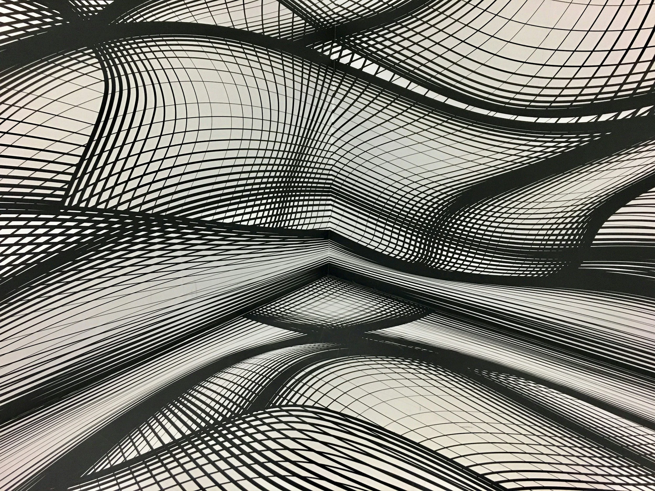 Abstrakte schwarze Linienmuster auf weißem Hintergrund, das ein 3D-Design mit Kurven und Wellen bildet.
