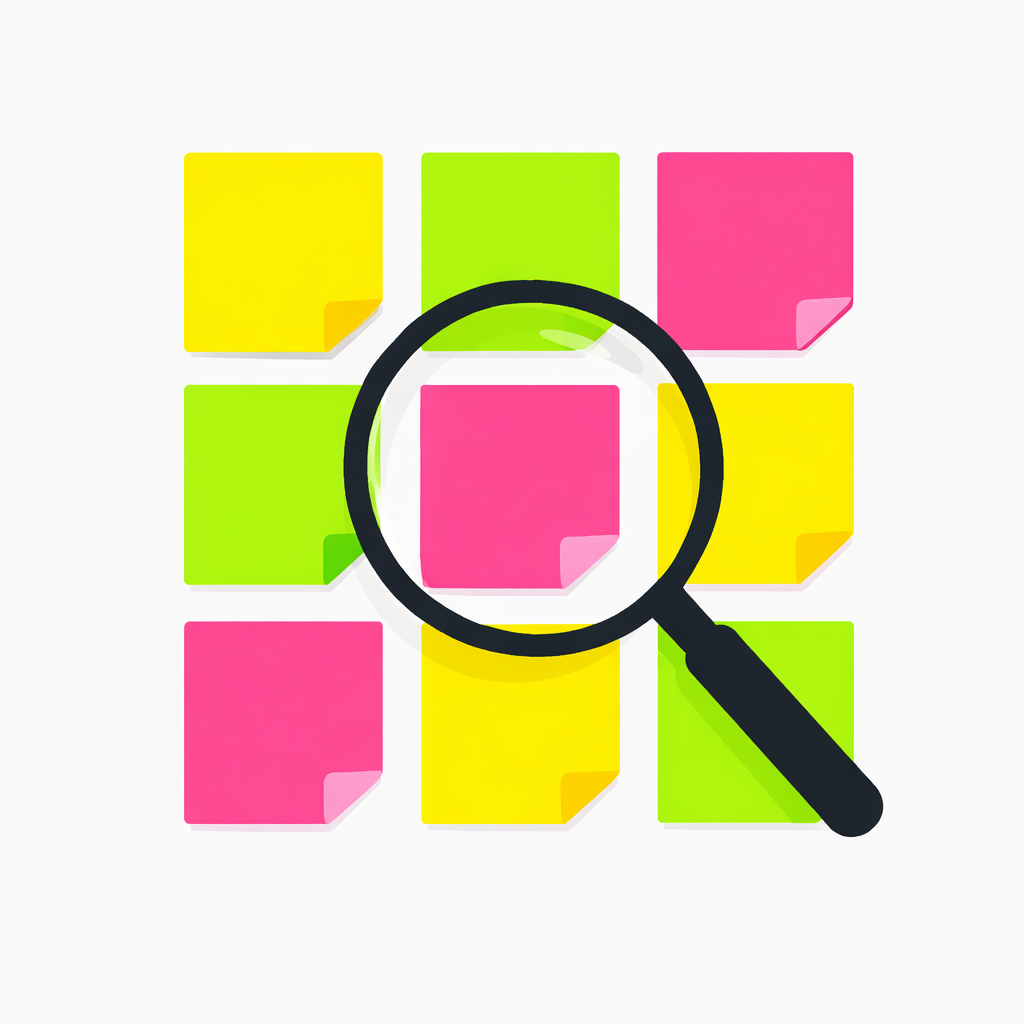 Bunte Haftnotizen in Gelb, Grün und Rosa sind auf einer weißen Oberfläche angeordnet, mit einer Lupe, die auf die Mitte gerichtet ist.