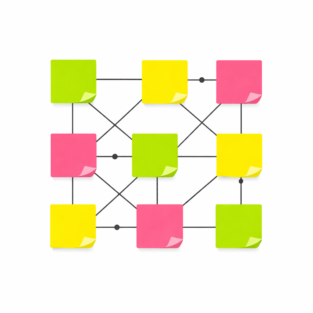 Bunte Post-it-Notizen in grün, gelb und pink, verbunden mit schwarzen Linien auf weißem Hintergrund.
