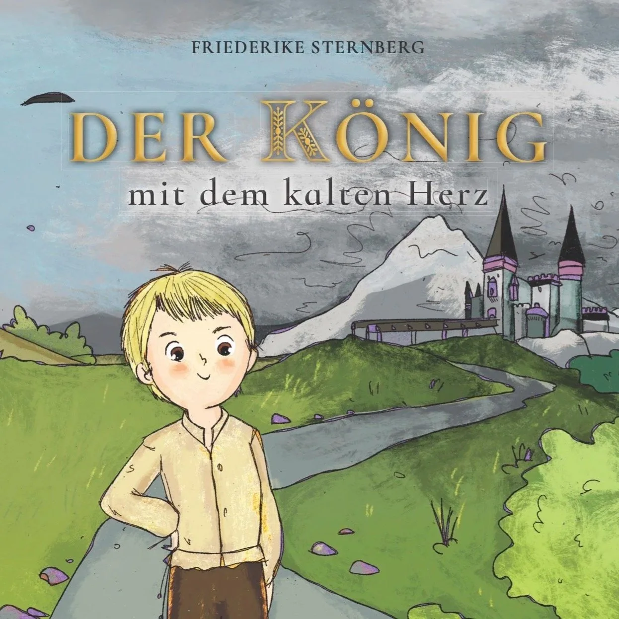 Buchcover des Kinderbuchs 'Der König mit dem kalten Herz' von Friederike Sternberg, mit einer Illustration eines jungen Jungen im Vordergrund, einer Burg und einem Berg im Hintergrund, und einer Straße, die entlang des Grases führt.