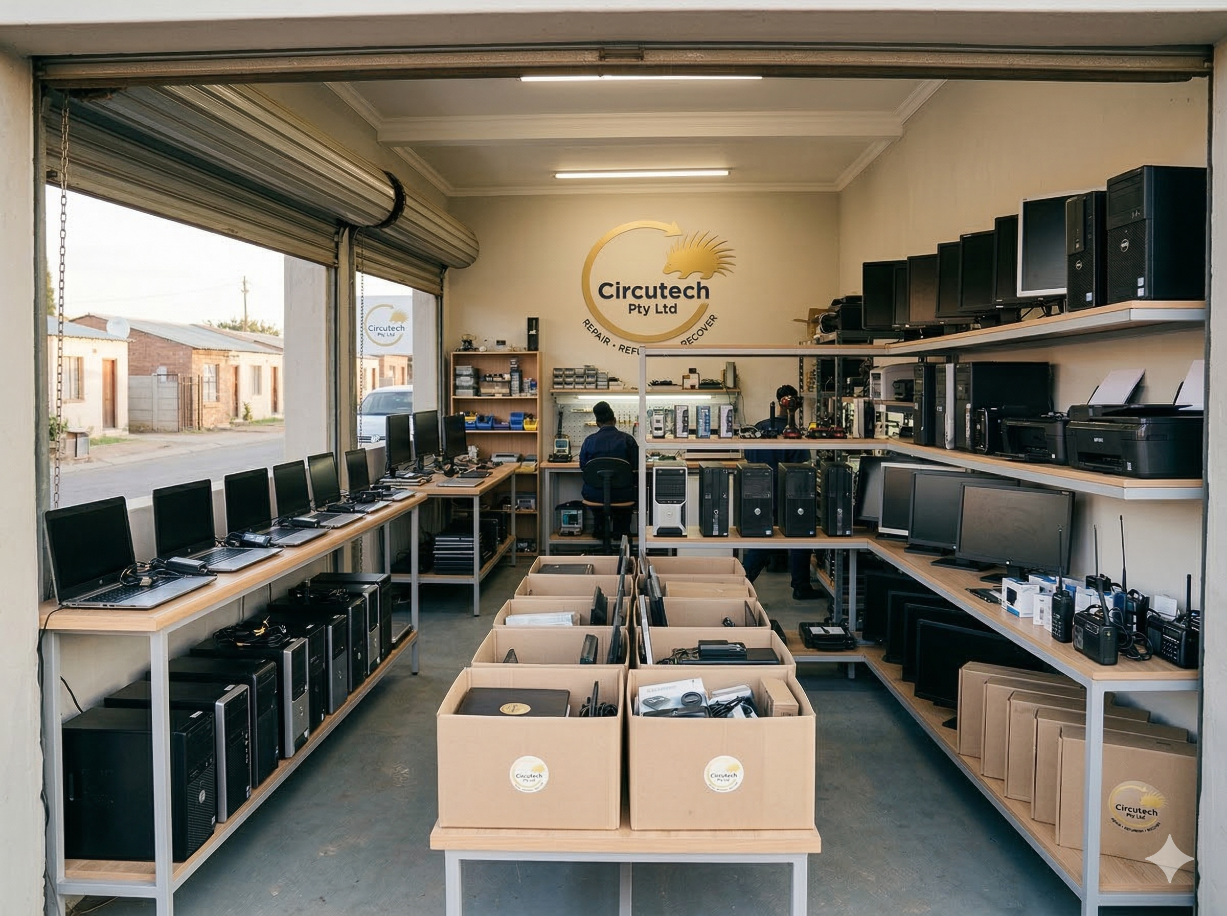 Interior of a computer repair shop with shelves of desktop computers, monitors, and electronic equipment, and a sign on the wall that reads 'Circtech Pty Ltd'.