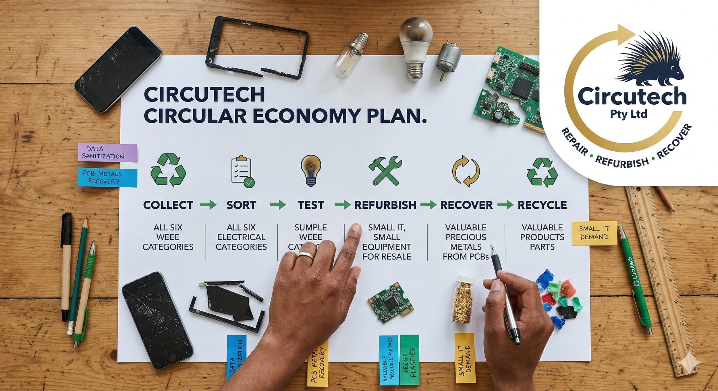 A person points at a detailed infographic about CircuTech's circular economy plan, surrounded by electronic parts, a cracked phone, pens, a ruler, and sticky notes on a wooden table.