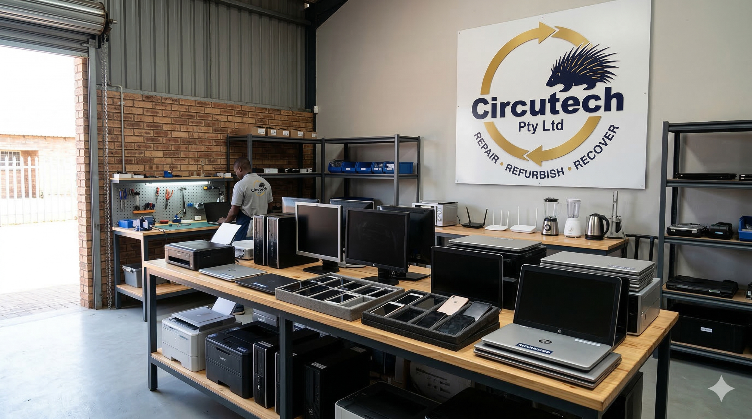 Inside a workshop with computer desks, electronic equipment, and tools. A person works at a pegboard with tools. A large sign on the wall reads 'Circuttech Pty Ltd' with a circular arrow and a hedgehog logo, and the words 'Repair, Refurbish, Recover.'