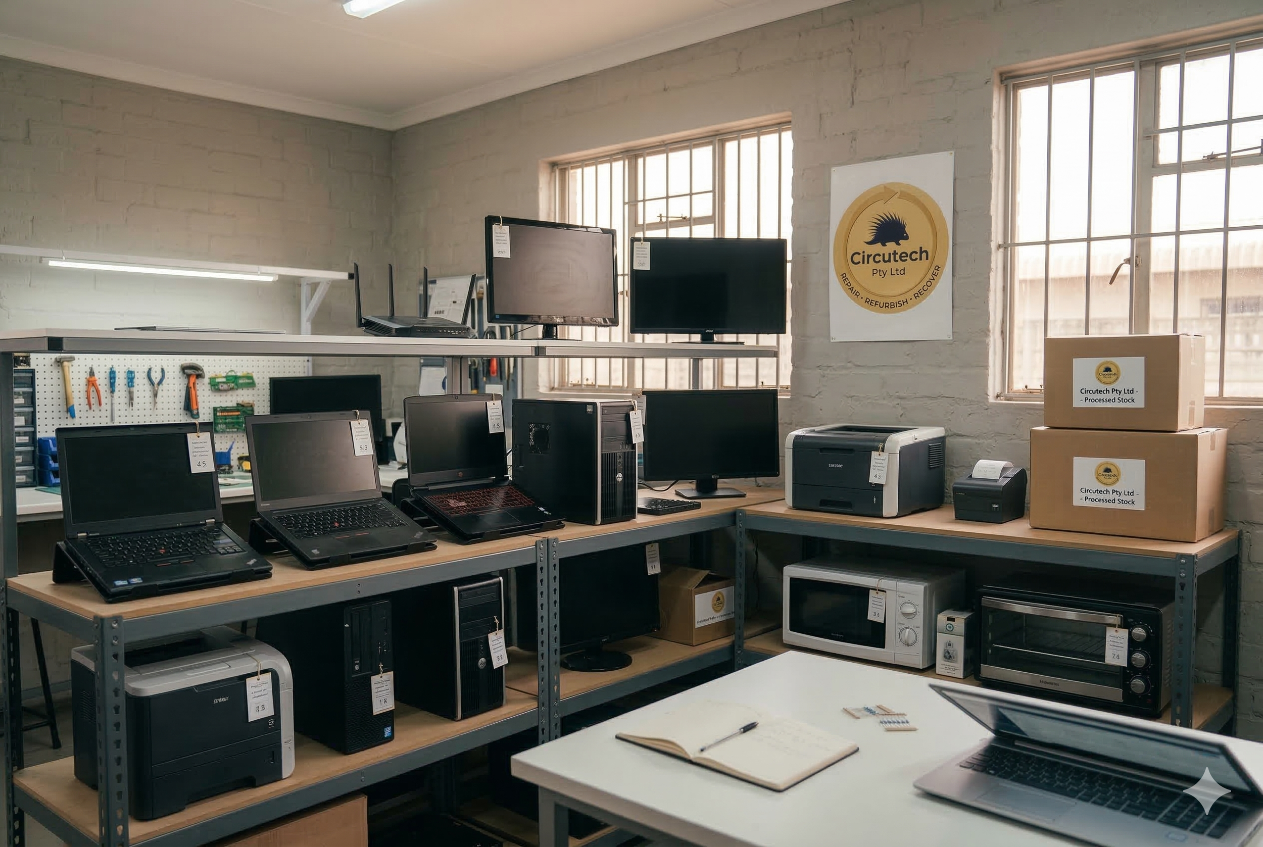 A room with metal shelves holding various laptops, desktop computers, and office equipment, with windows on the wall and a sign reading 'Circutech Pty Ltd - Repair, Refurbish, Recover'.