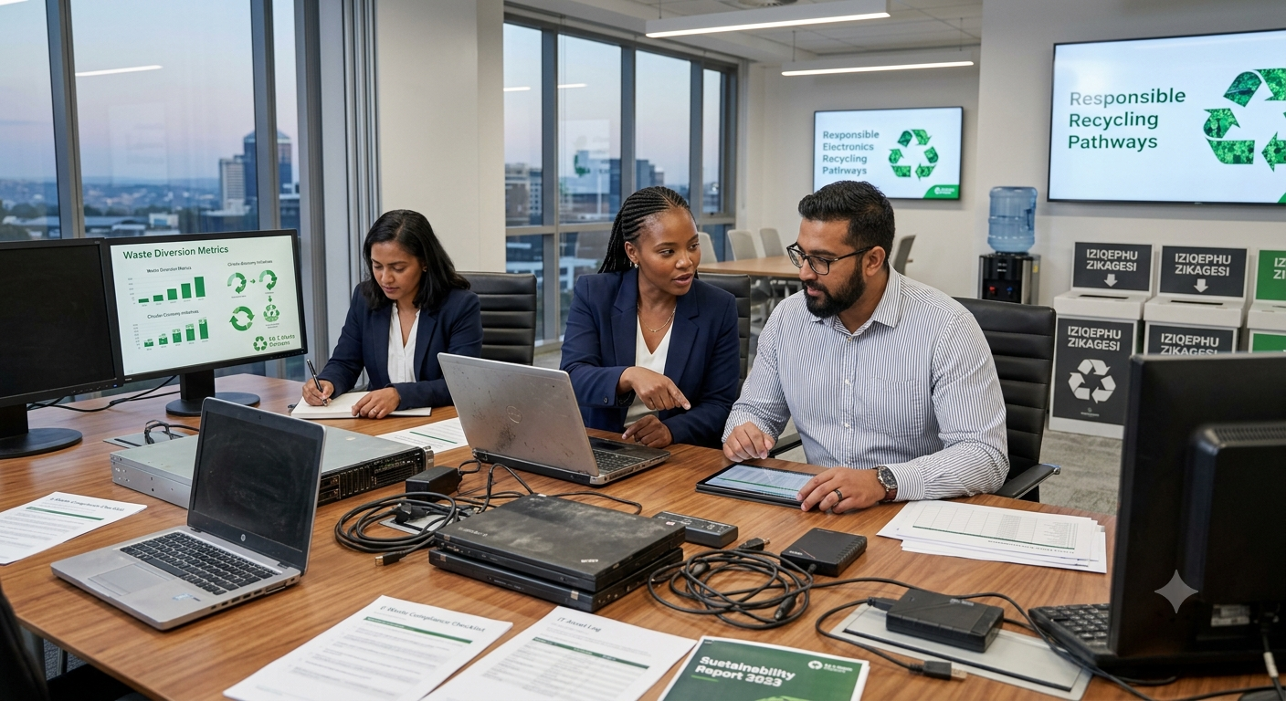 Three professionals in a modern office conference room discussing sustainability and recycling, with laptops, documents, and screens displaying recycling graphics.