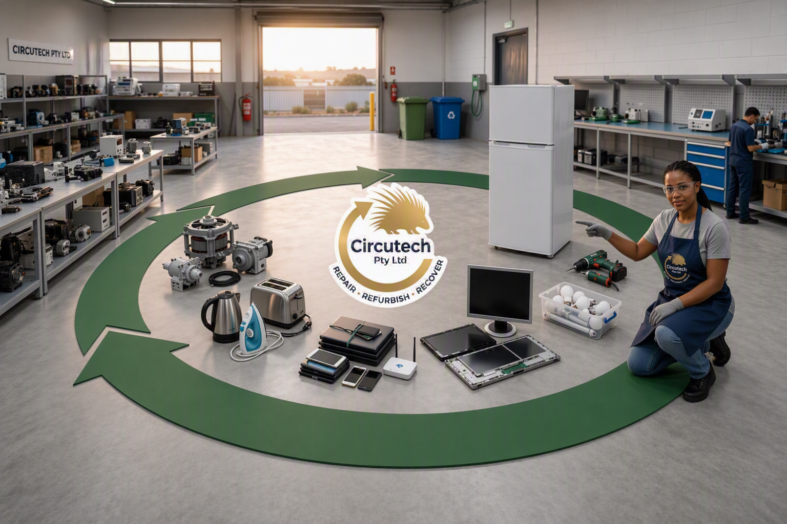 inside a repair workshop with shelves of electronics and tools, and a woman kneeling next to electronic devices, pointing at a circular graphic with Circutech Pty Ltd logo, surrounded by a green arrow, and the words 'Repair, Refurbish, Recover'.