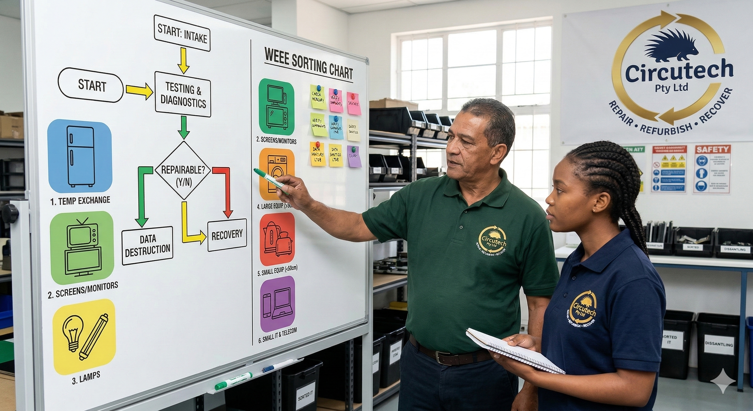 Two people, a man and a woman, wearing green and navy blue shirts with a corporate logo, are standing in front of a whiteboard with a WEEE sorting chart. The man is pointing at the chart with a marker, and the woman is holding a notepad, listening attentively. There is a large CircuTech banner in the background and organized shelves with labels in the room.