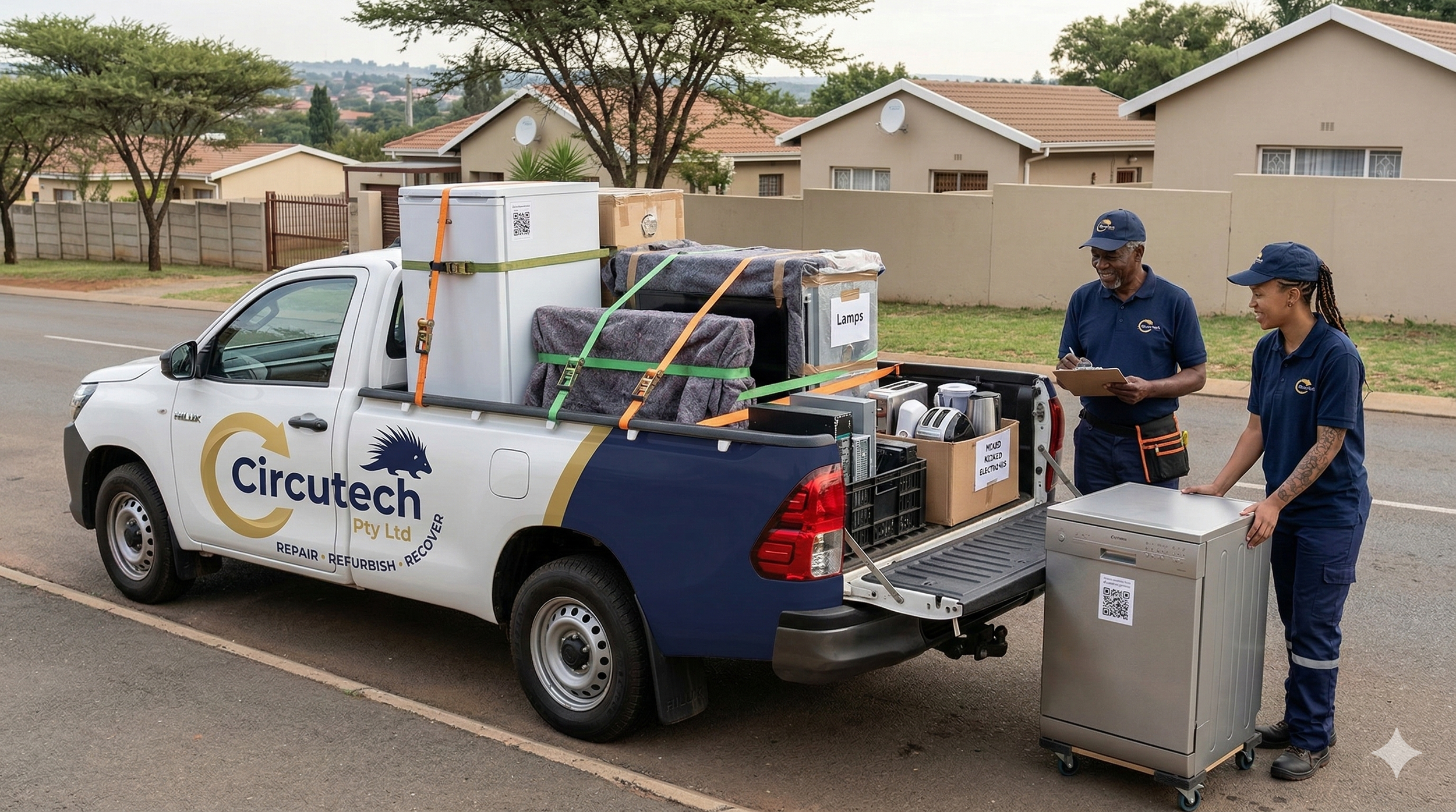 Two workers in navy uniforms unloading appliances and electronics from a white company truck labeled 'Circutech Pty Ltd' parked on a residential street. The truck bed holds boxes and appliances, and the workers are using a clipboard and a washing machine.